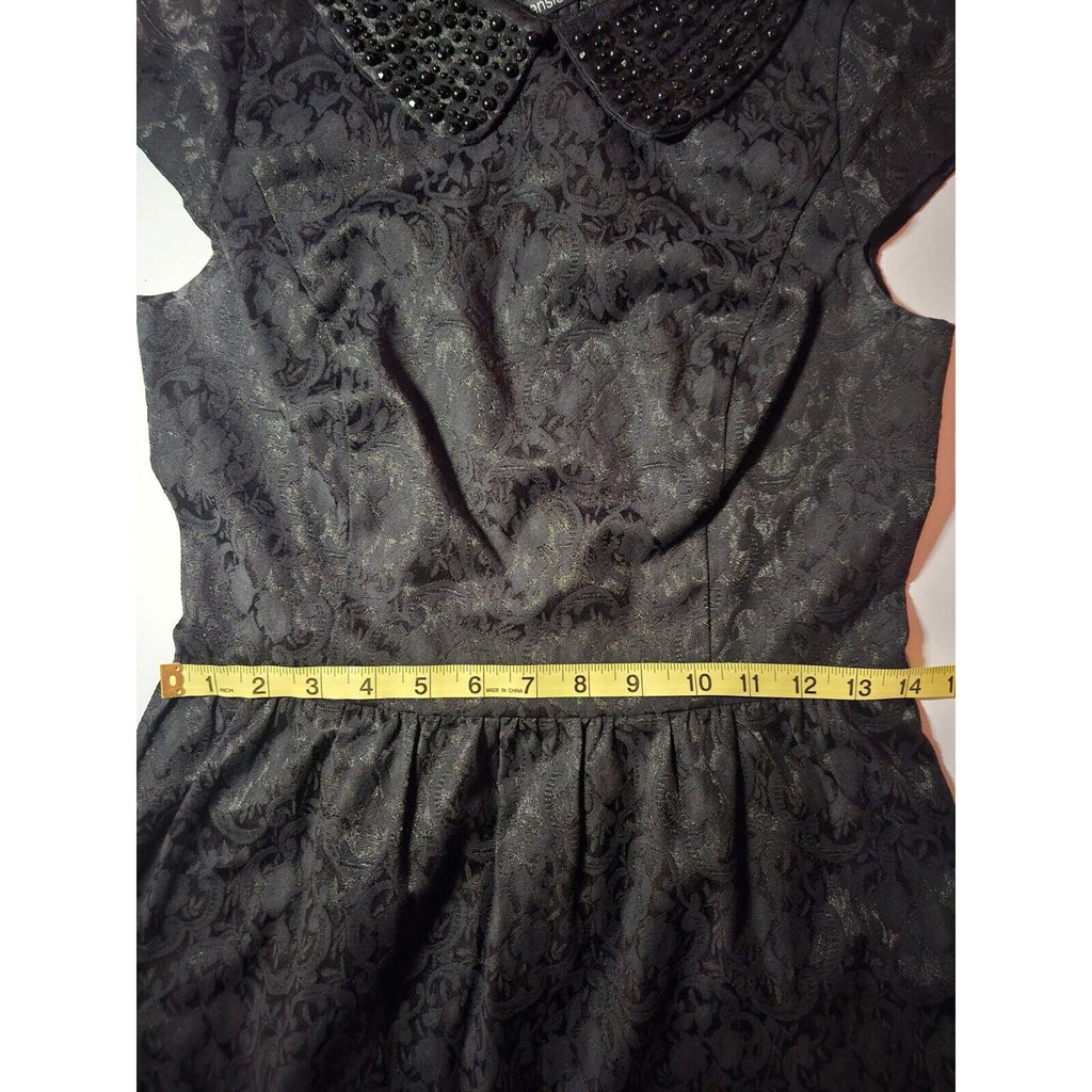 Kensie Black Brocade Print Embellished Beaded Collar Cap Sleeve Dress Size Small
