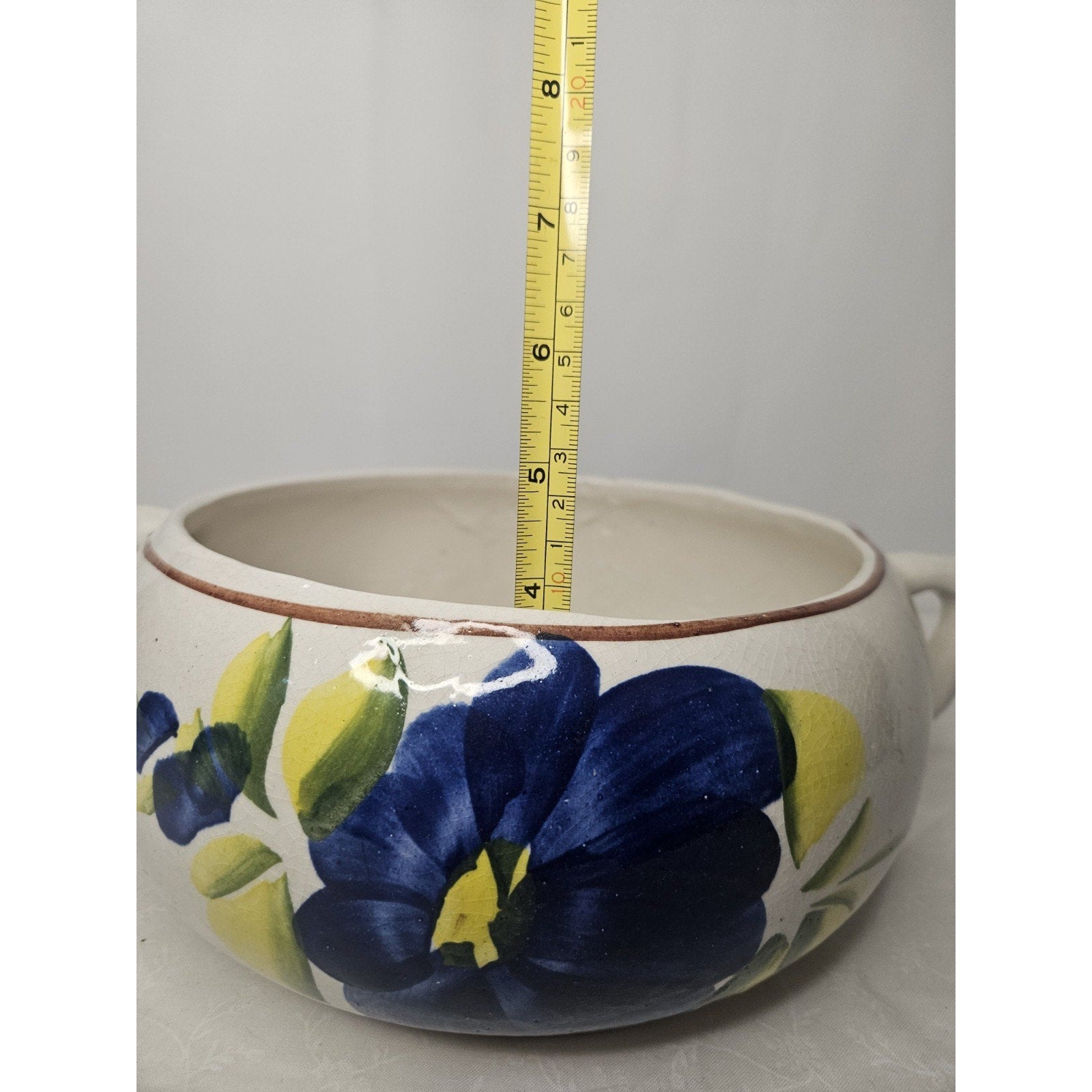 Vtg Mexican Hand Made Painted Decorative Lidded Bean Pot Blue Floral Casserole