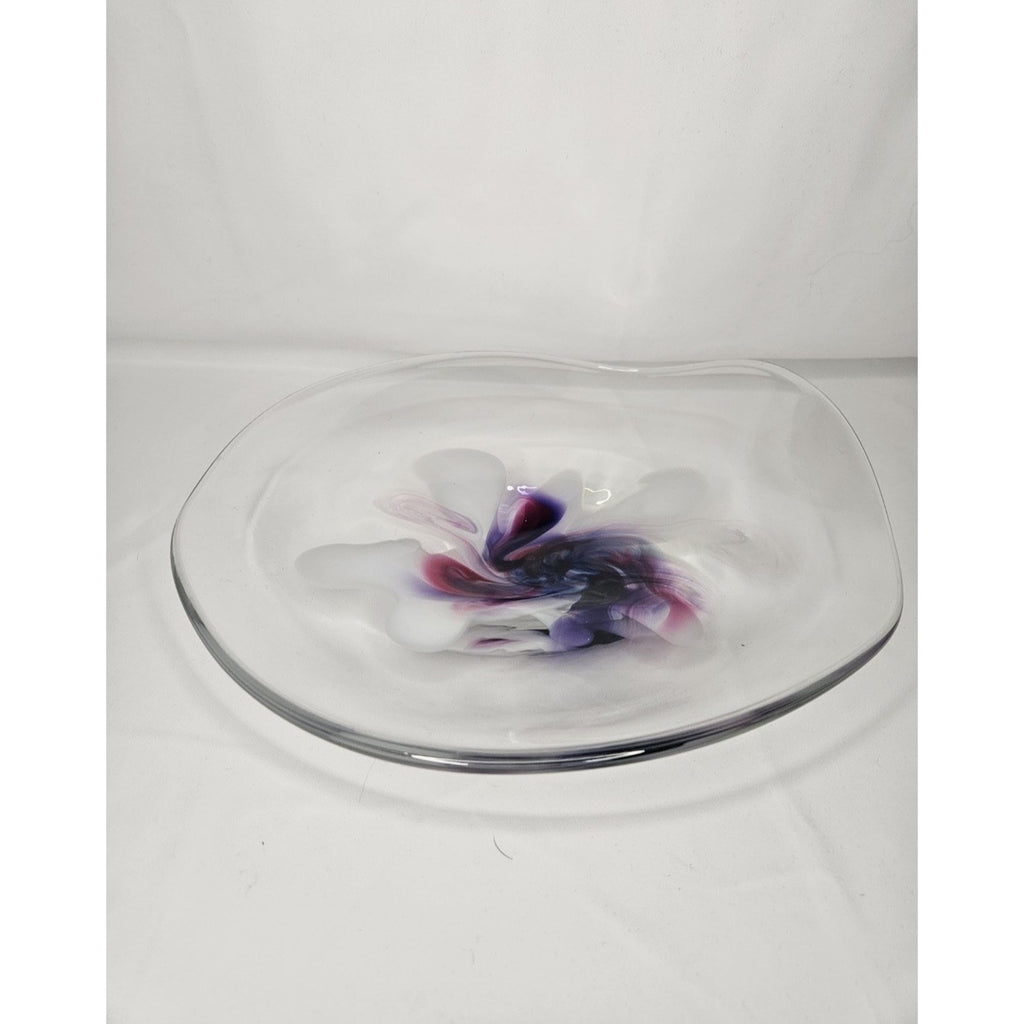 Vintage Signed Studio Art Glass Bowl Mid Century Modern Studio Clear Purple Whit