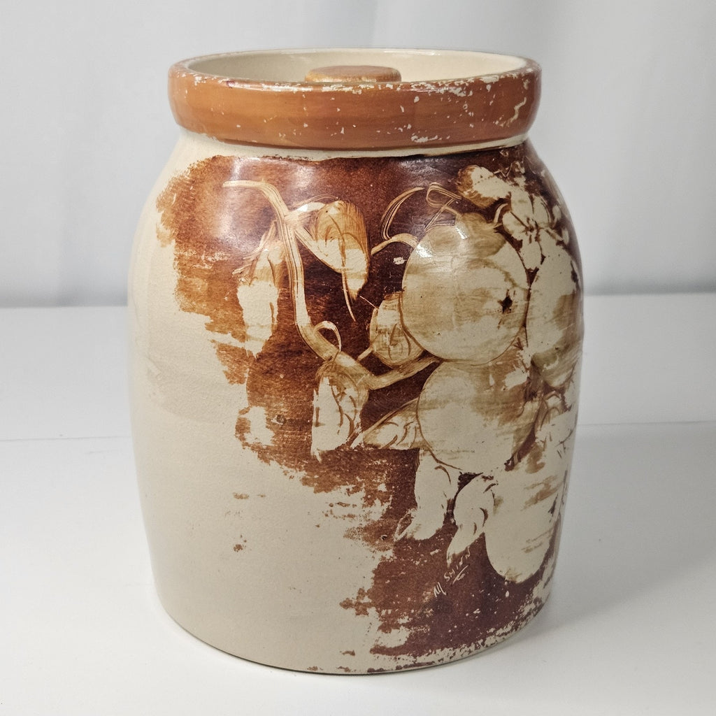Vintage Glazed Pottery Abstract Fruit Print Cookie Jar Retro Kitchen Storage