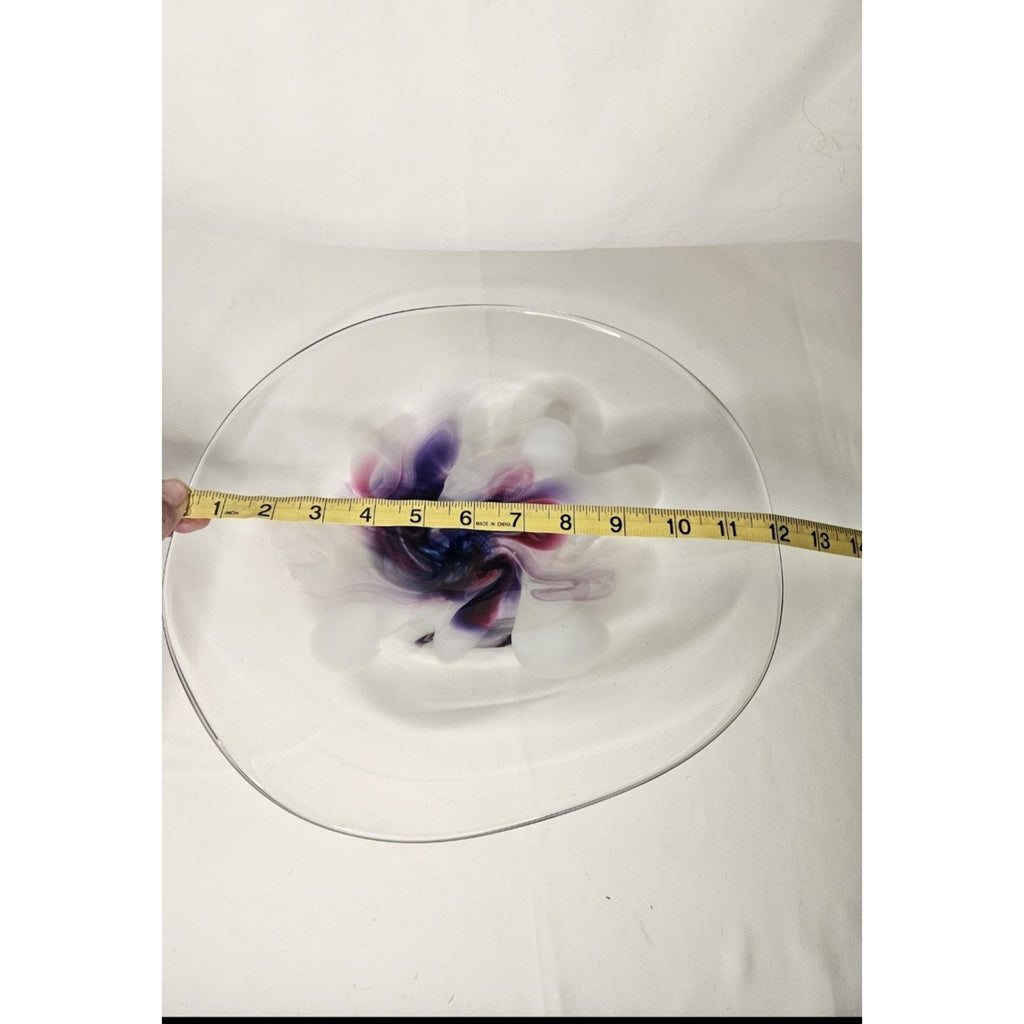 Vintage Signed Studio Art Glass Bowl Mid Century Modern Studio Clear Purple Whit