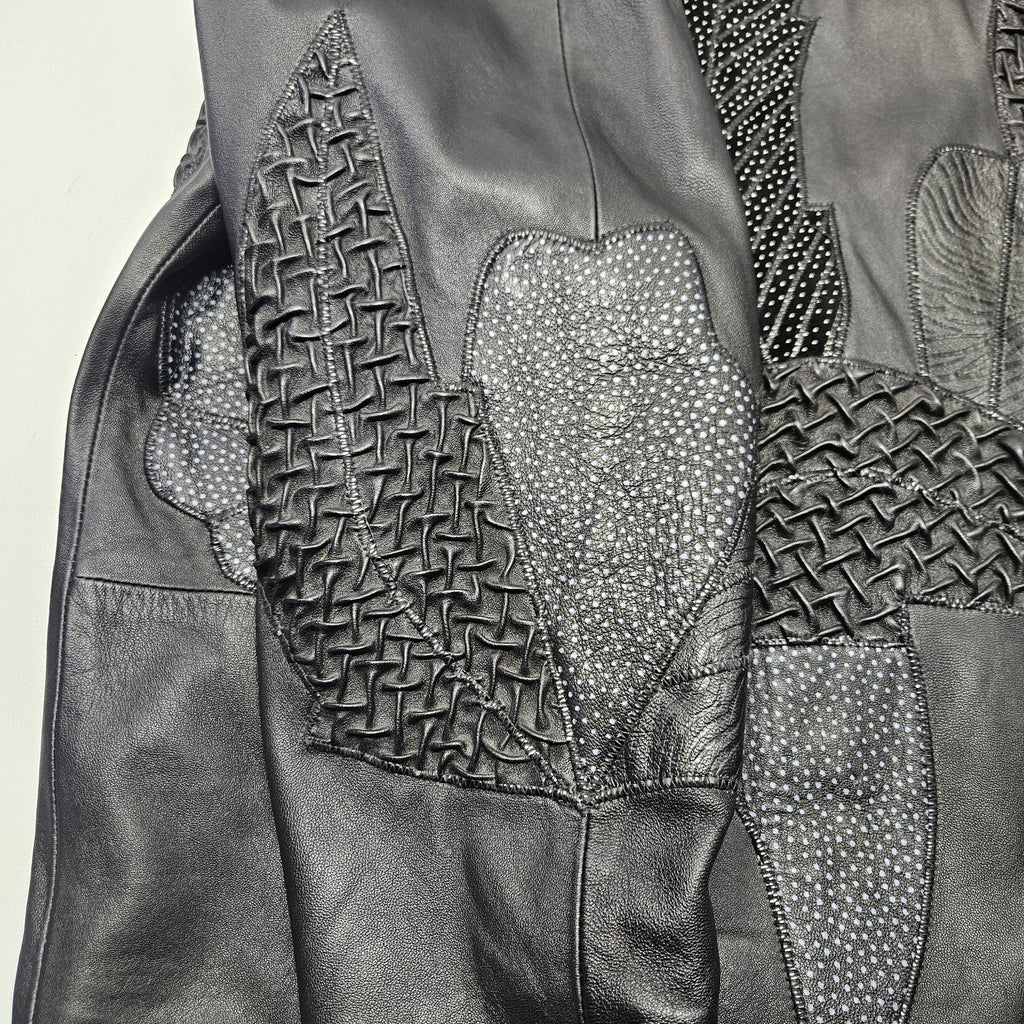 Unique 80s Oversized Black Leather Jacket Patchwork Blazer Medium Edgy Glam Vtg