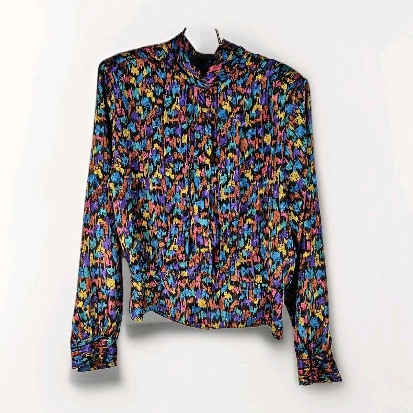 Vintage 80s Blouse Long Sleeve Colorful Geometric Pattern Button Size 12 Large