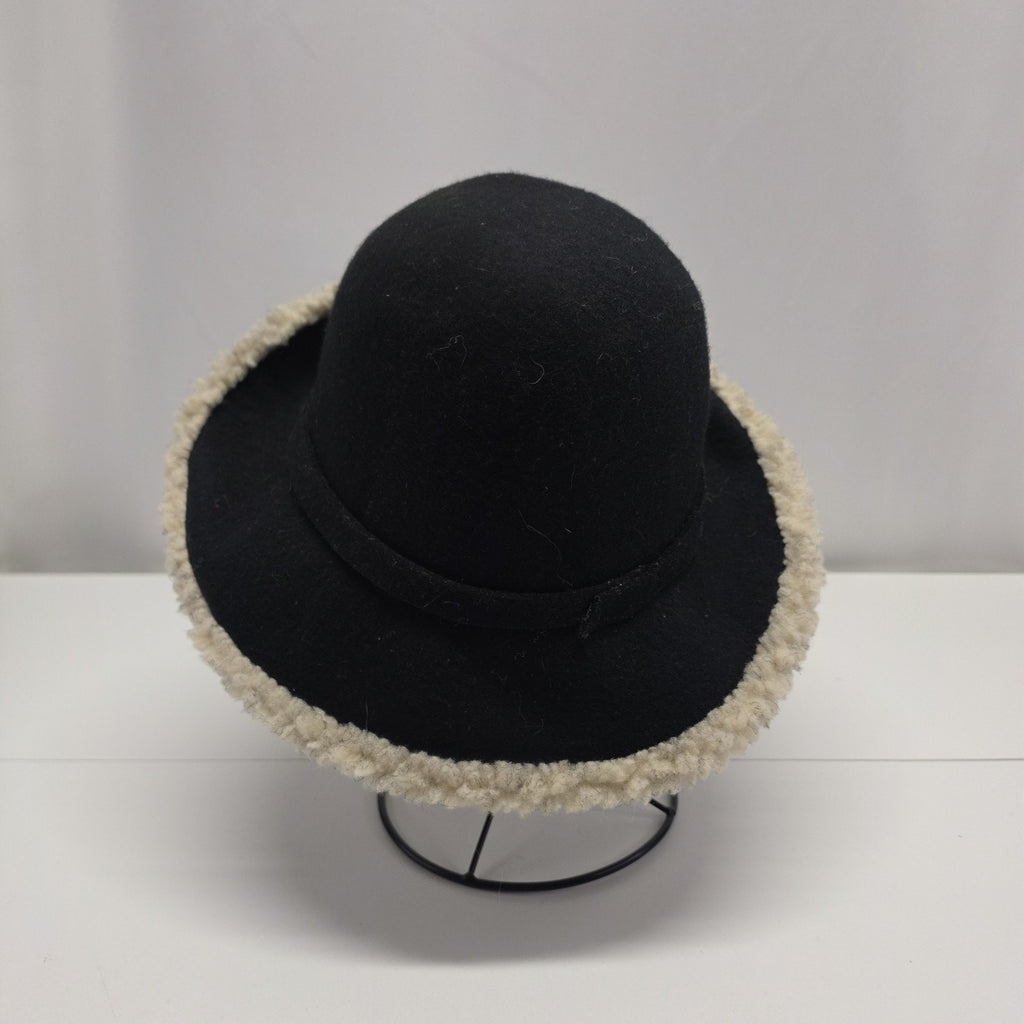 Vintage Black Wool Felt Cloche Bucket Hat Tan Contrasting Fuzzy Faux