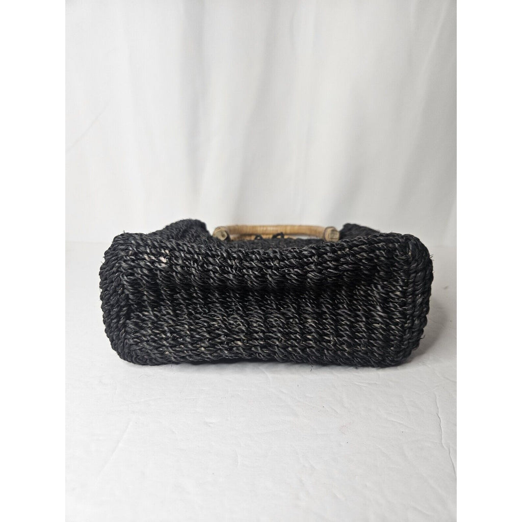 Vintage Croft And Barrow Straw Handbag Black Wood Handles