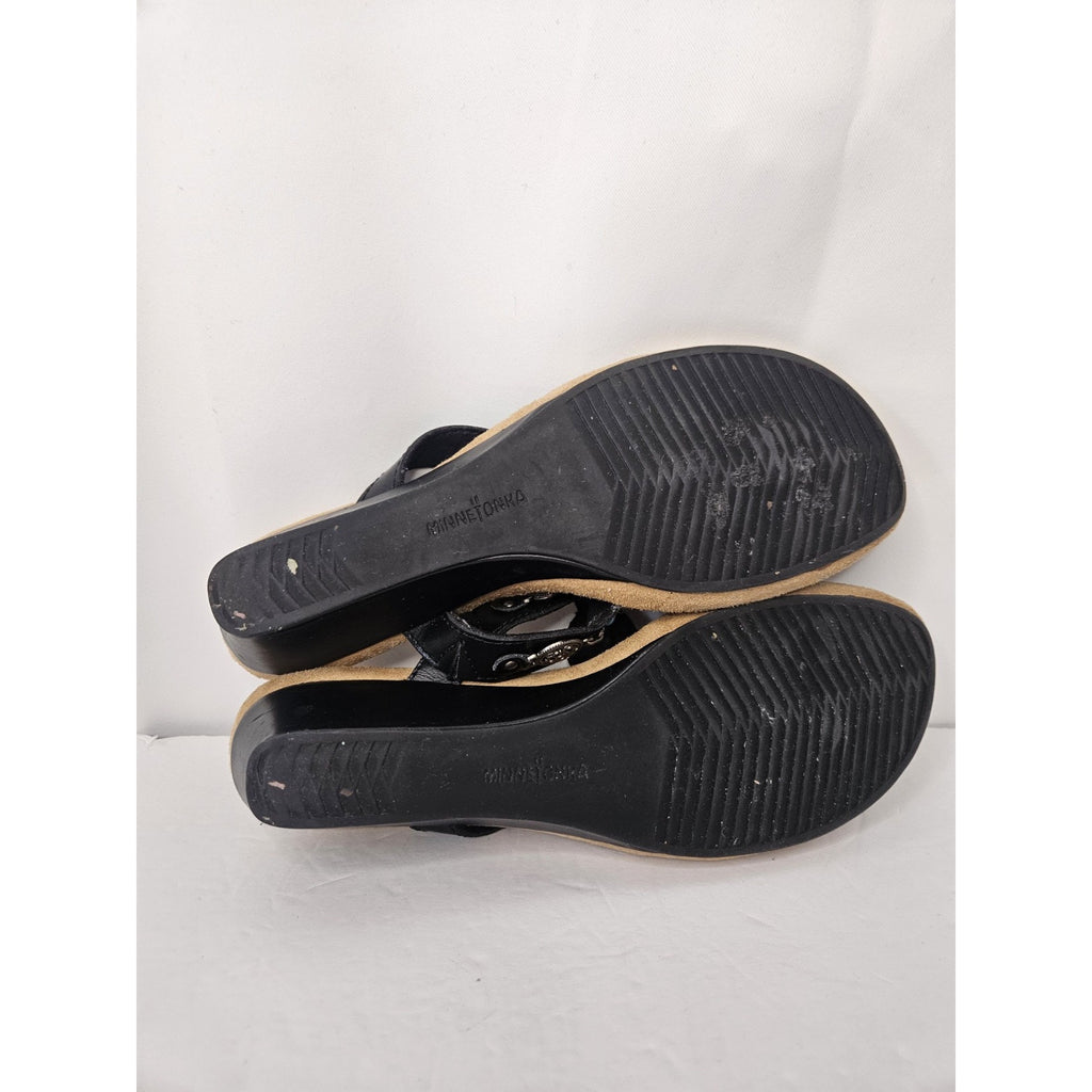 Minnetonka Boca Thong Sandals Women’s 8 Black Flip Flop Silver Turquoise 71105