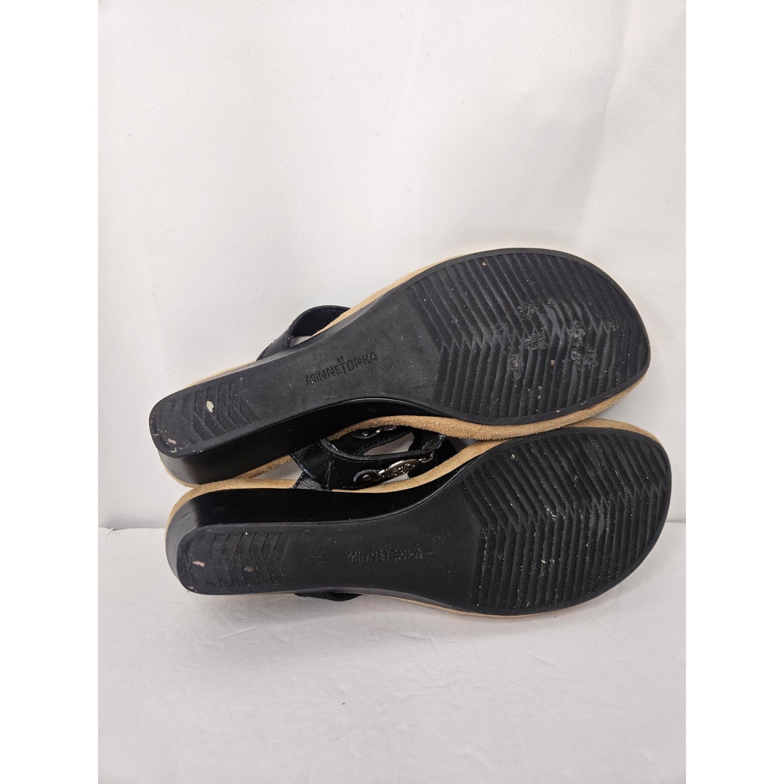 Minnetonka Boca Thong Sandals Women’s 8 Black Flip Flop Silver Turquoise 71105