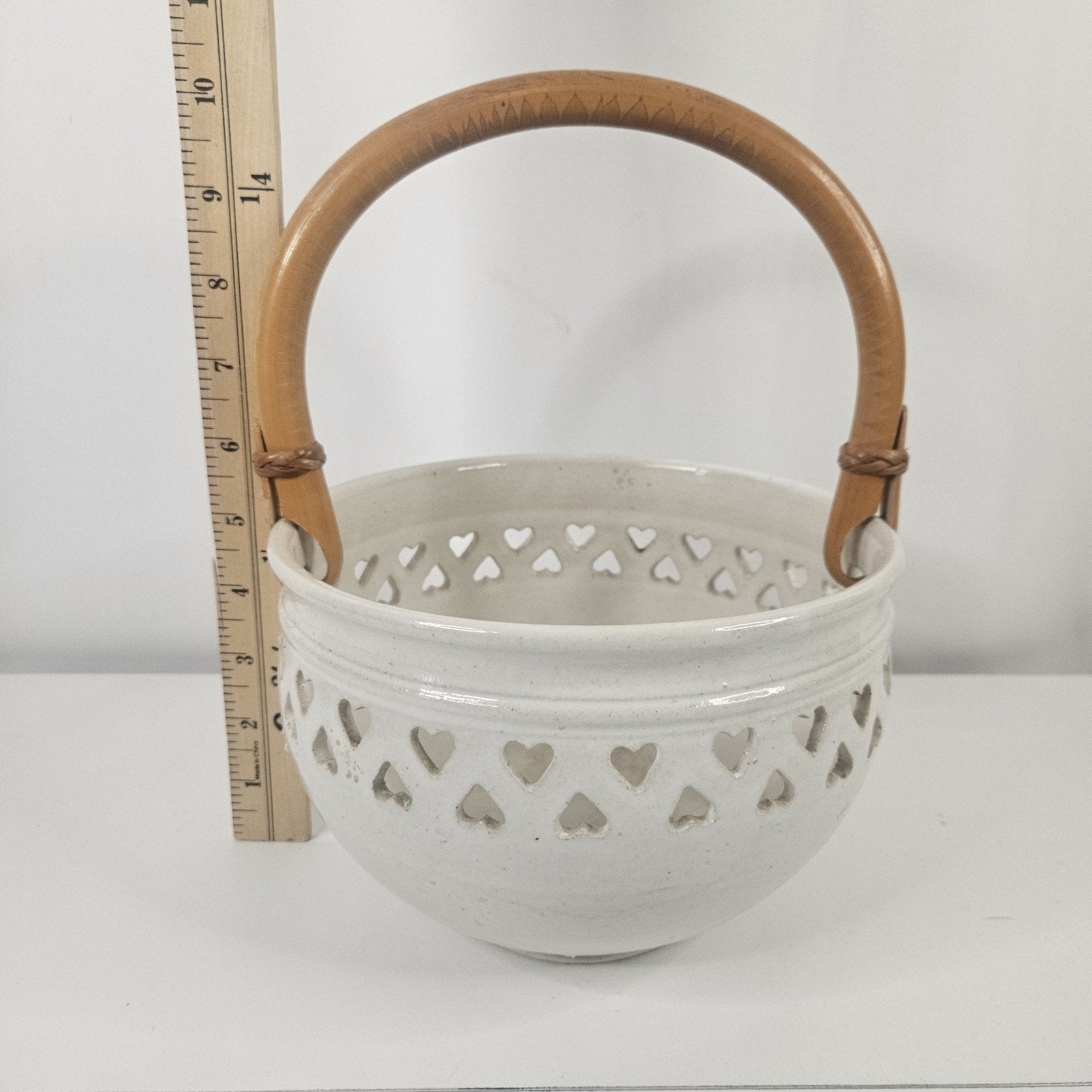 Vtg Heart Pottery Basket Wood Handle Wrapped 5" Ceramic Bowl Trinket Decorative
