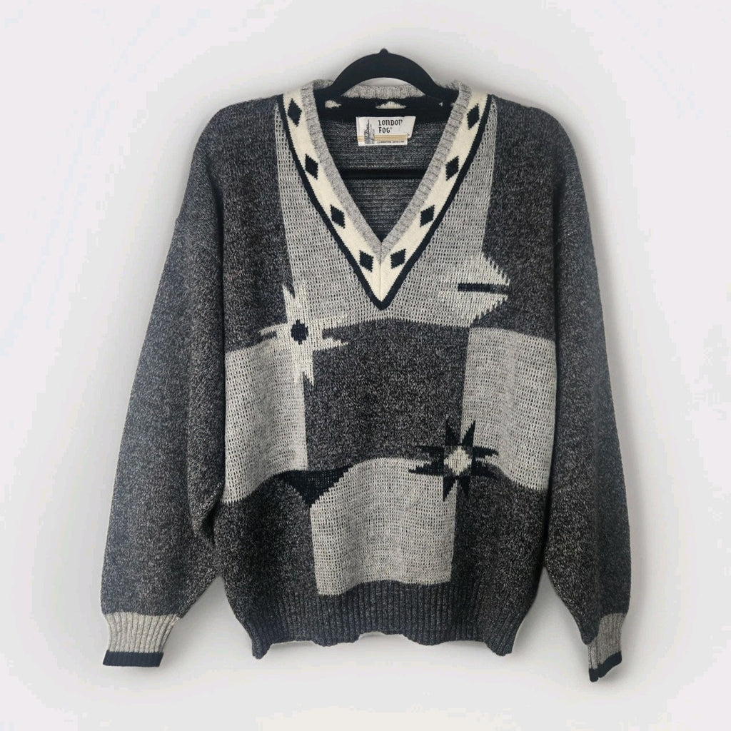 Vintage 80s London Fog Gray Acrylic Alpaca Vneck Sweater Mens TXL USA Geometric