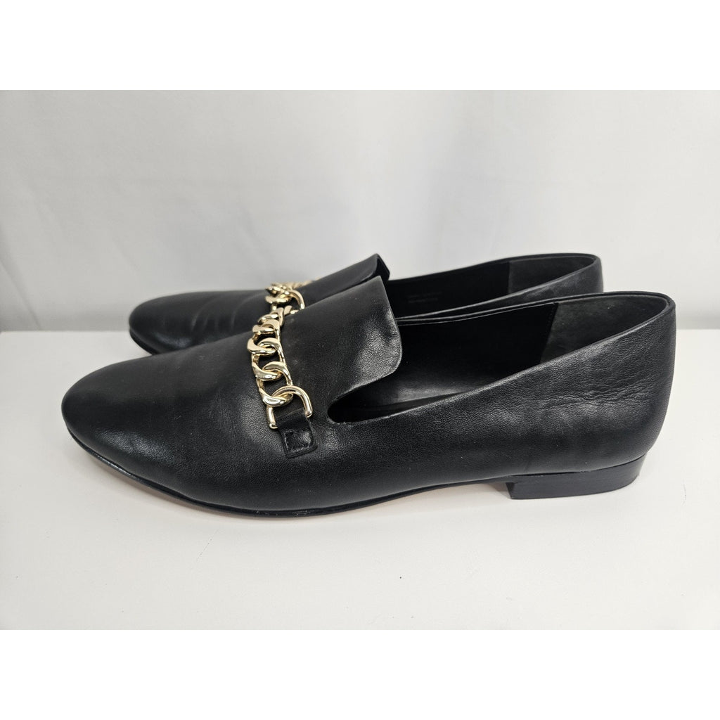 Via Spiga Women’s Leather Loafers Yania Size 7.5 M Black Gold Chain Link