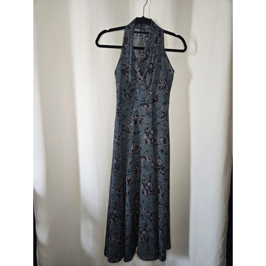 Vintage High Neck Sleeveless Dress Sheer Floral Maxi Blue Empire Waist XS 0/2