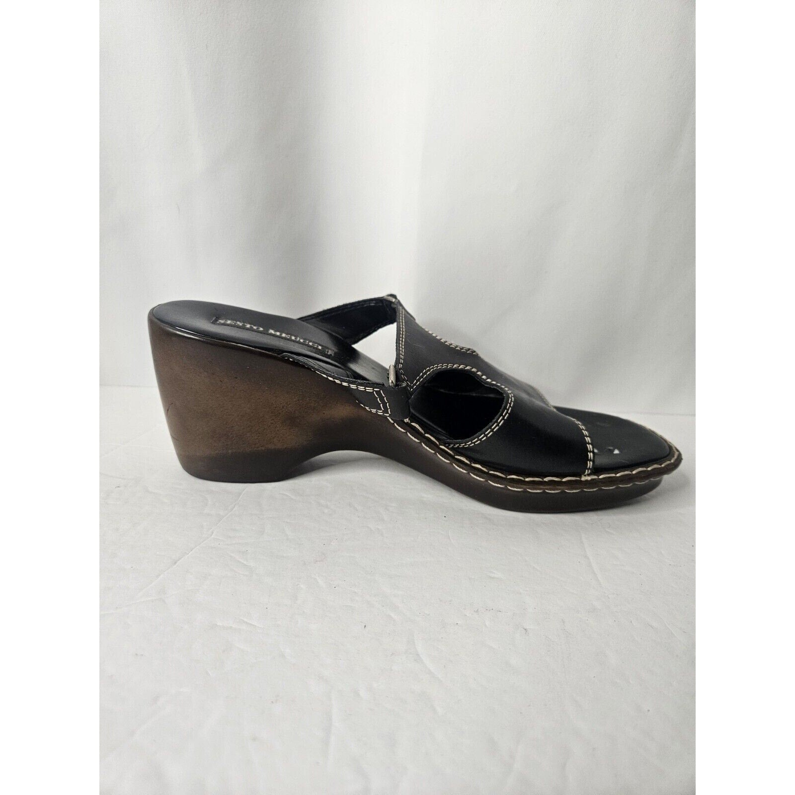 SESTO MEUCCI Soft Leather Wedge Sandal Black Sz 8 Made in ITALY Classic Slip-On