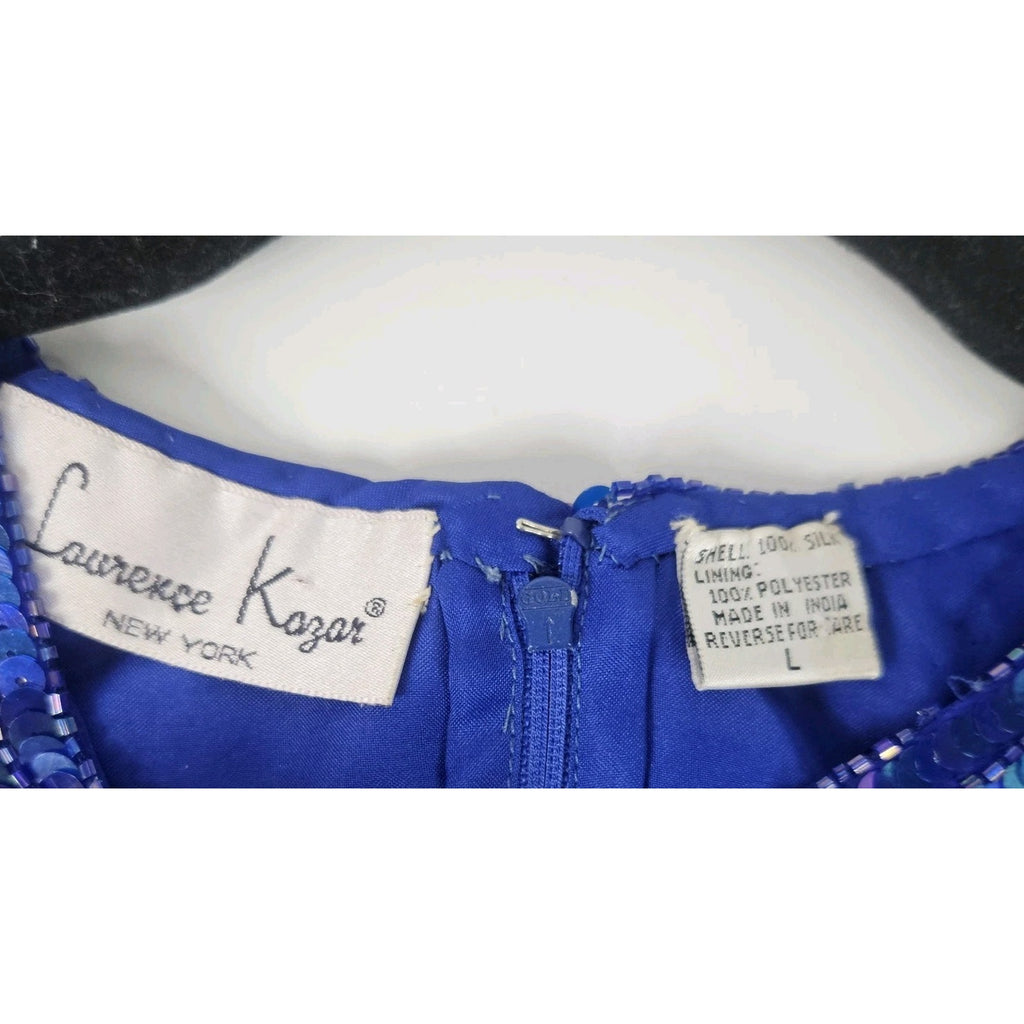 Sequin Beaded Silk Top 90s Vintage Royal Blue Blouse Gatsby Glam Party Large