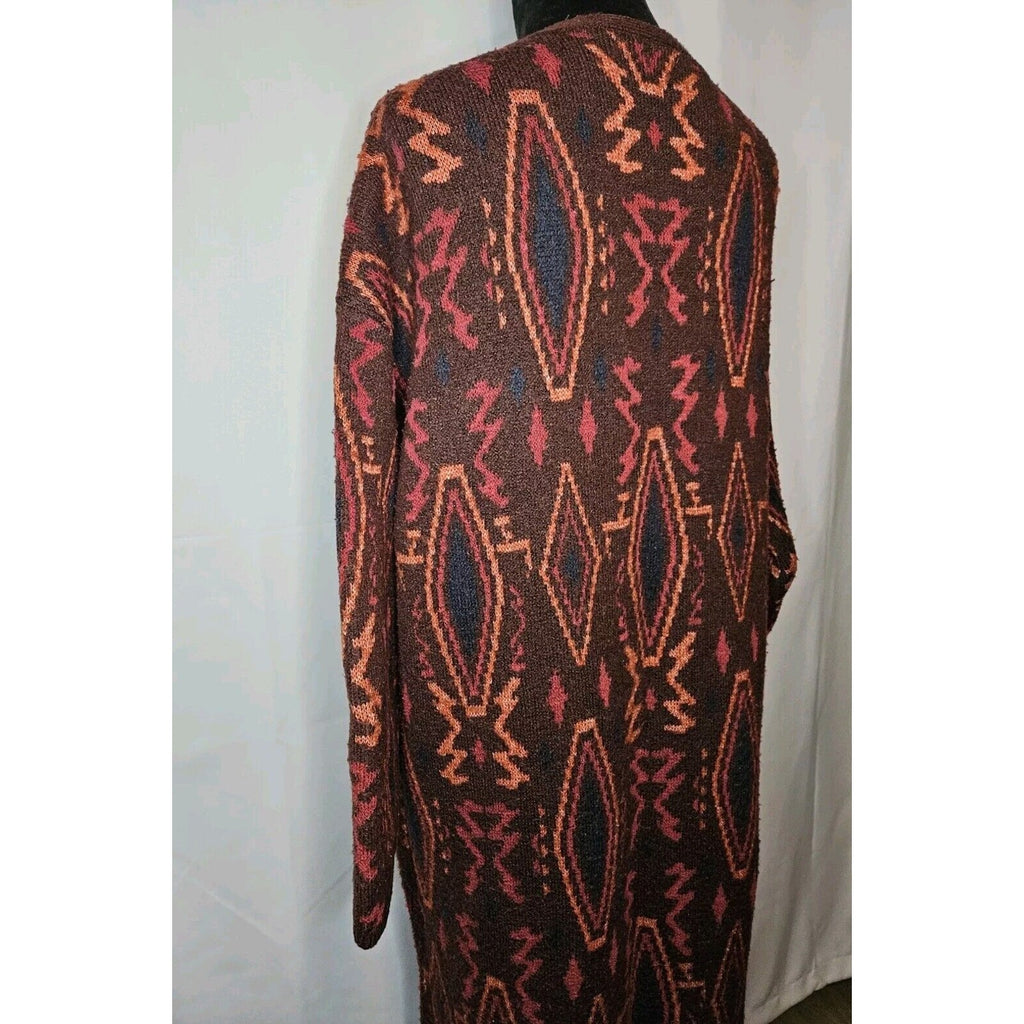Willow & Clay Jacquard Long Cardigan Burgundy Aztec Southwestern Tribal Sweater