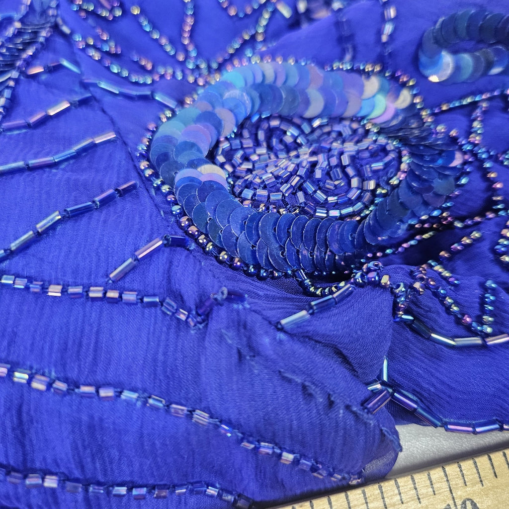 Sequin Beaded Silk Top 90s Vintage Royal Blue Blouse Gatsby Glam Party Large