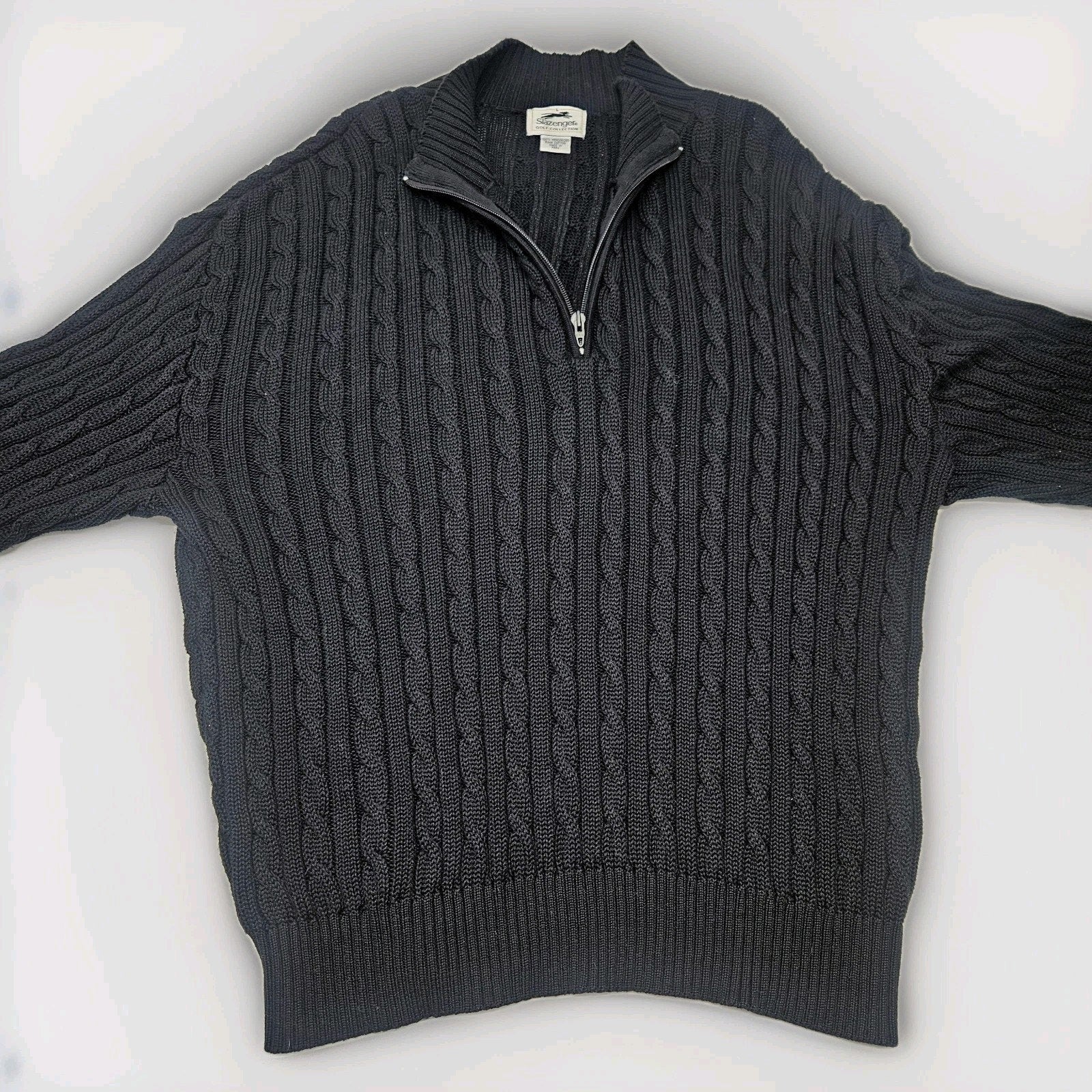 Vtg Slazenger Golf Mens Black 1/4 Zip Cable Knit Pullover Sweater Large Classic