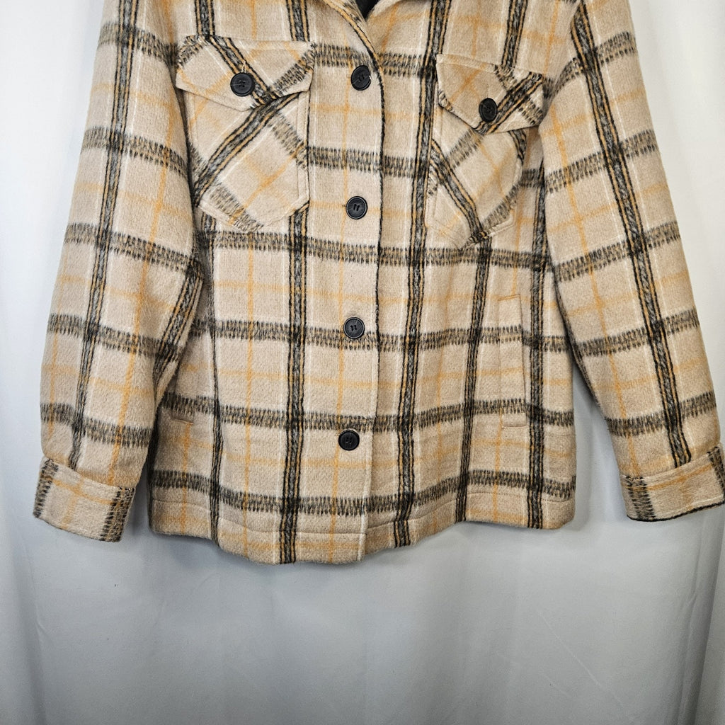 Sebby Wool Blend Plaid Shacket Brown Satin Lined Cozy Button Closure Medium