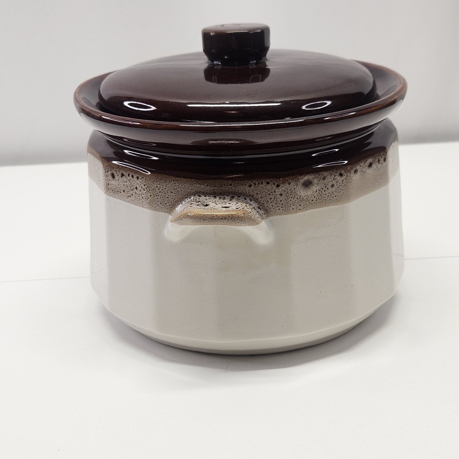 Vintage Stoneware Pottery Crock Pot Two-tone Brown Tan Glaze MCM Rustic