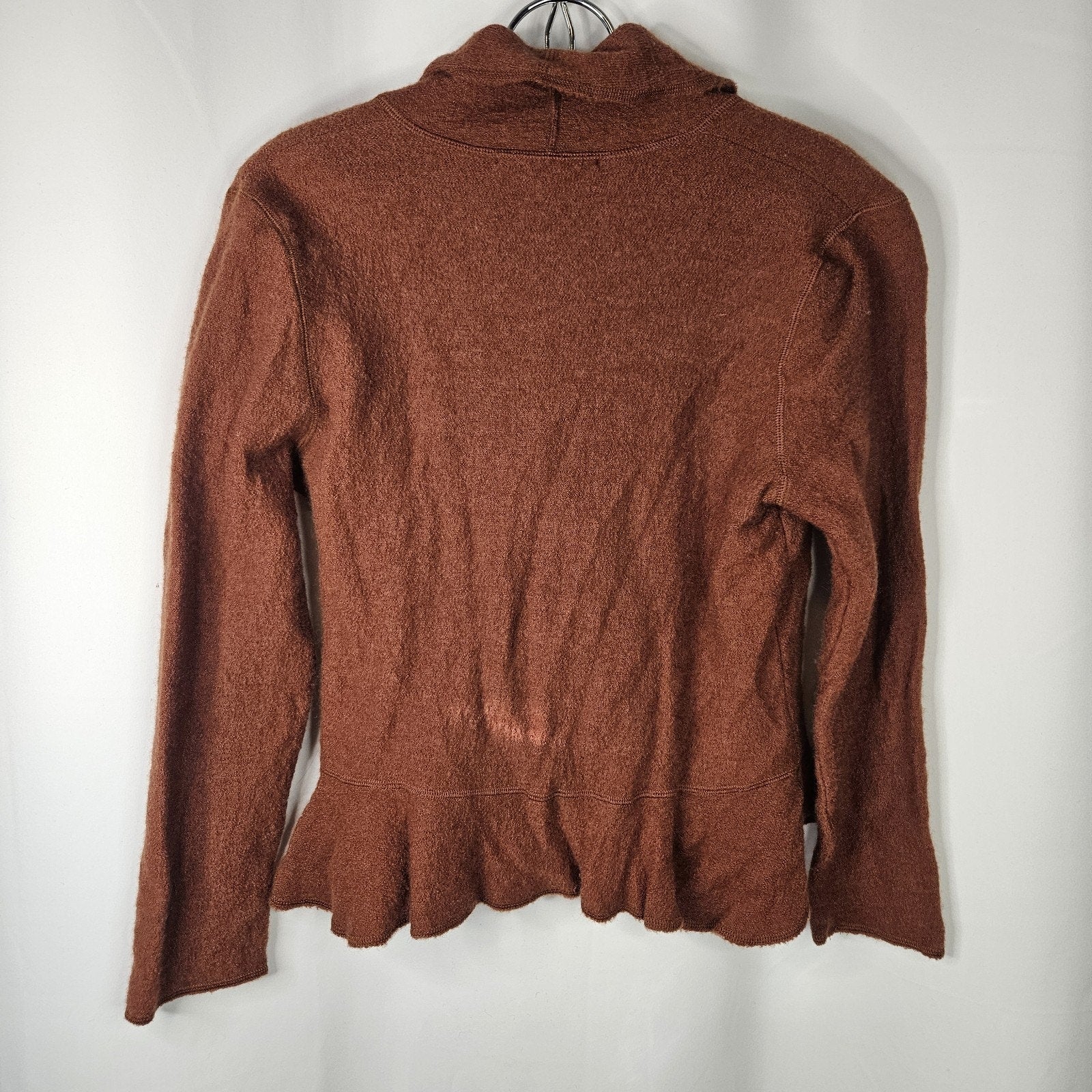 EVAN PICONE Ruffled Wool Cardigan Sweater Medium Petite Brick Rust Brown VNeck