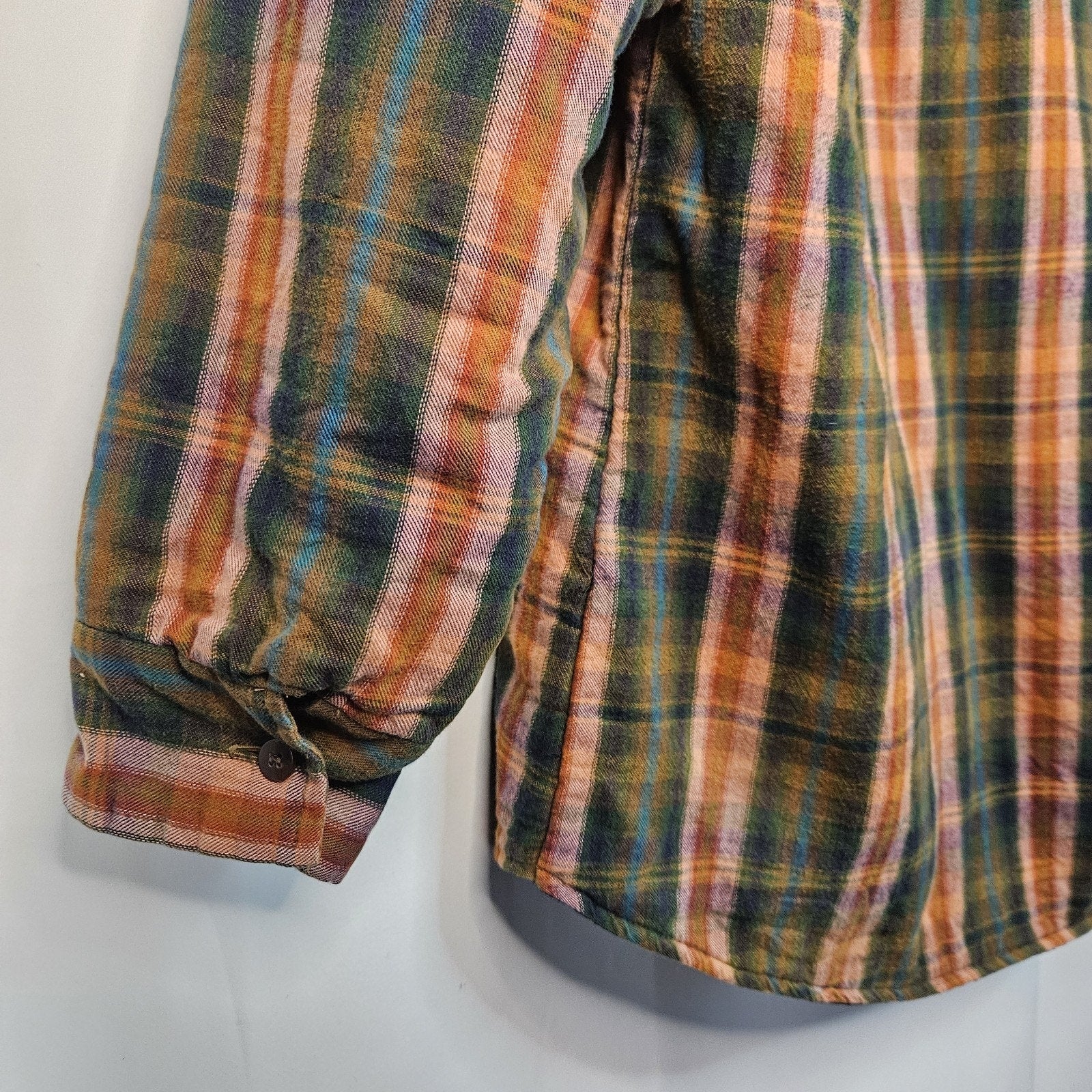 VTG Woolrich Shirt Jacket Unisex Large Green Pink Plaid Lined Quilted Insulated