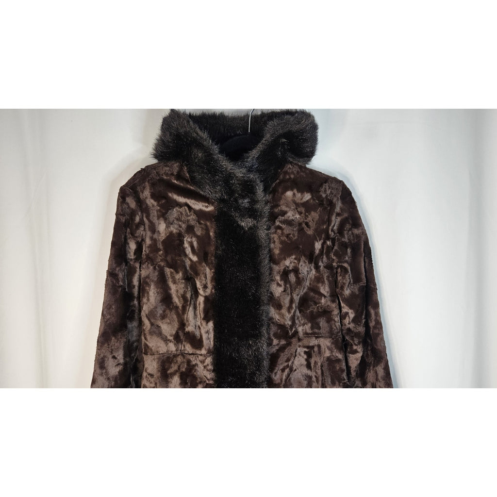 Vintage Union Made Faux Fur Coat Chocolate Brown Mod Full Length Size Small Glam