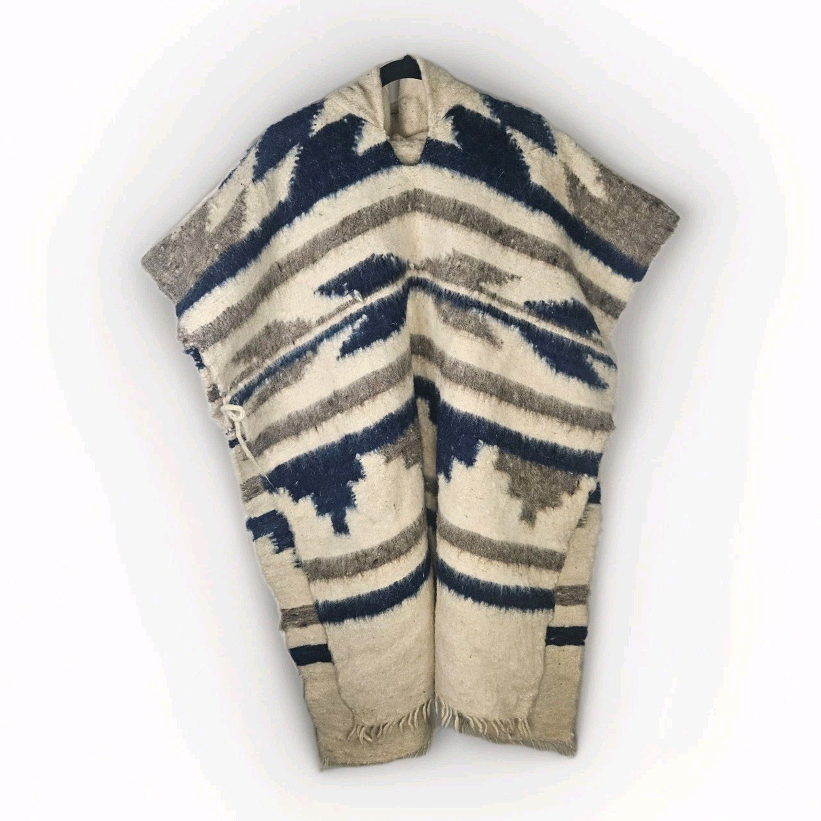 100% Wool Poncho Hooded in Beige Brown Blue Soft Southwestern Aztec Boho Comfort