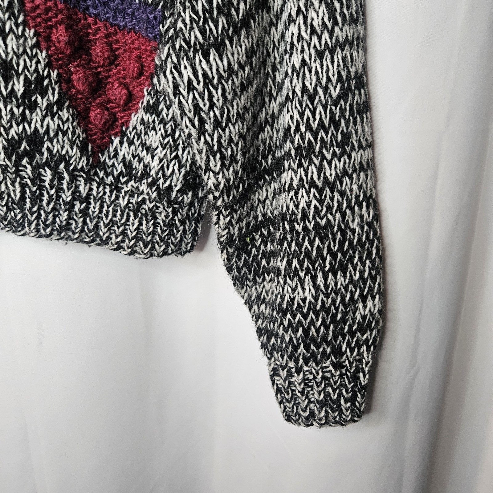 Vtg Handmade 80s Black & Gray Chunky Abstract Cardigan Sweater Women's Large