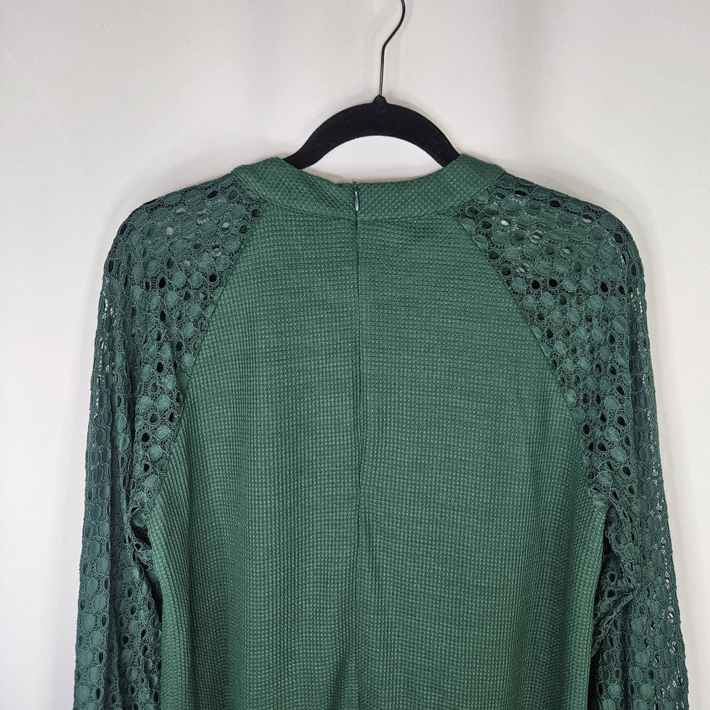 IWOLLENCE Women's Waffle Knit Blouse Lace Sleeves Henley Loose Fitting XL Green