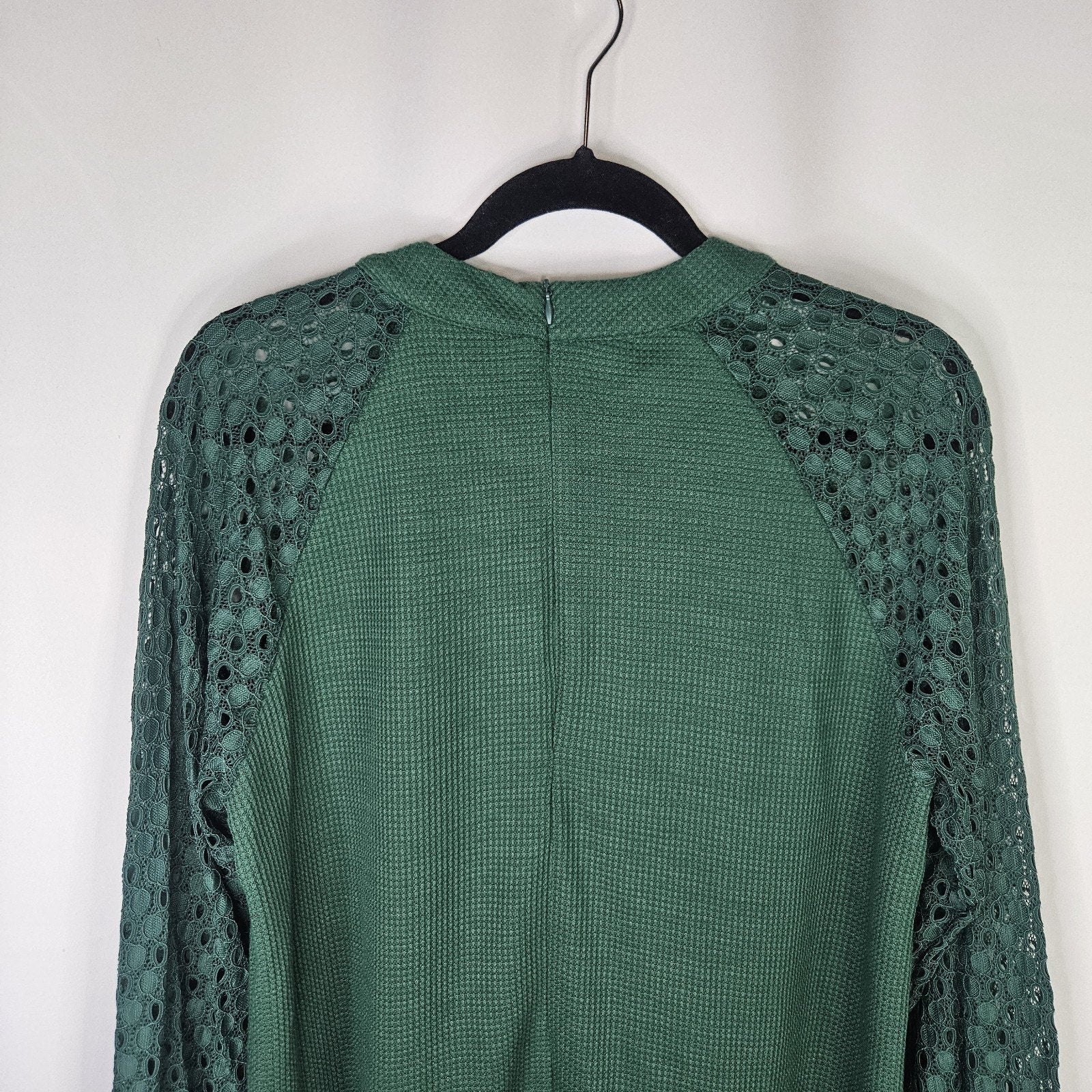 IWOLLENCE Women's Waffle Knit Blouse Lace Sleeves Henley Loose Fitting XL Green