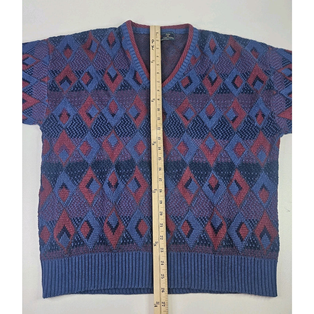 Vintage 3D Knit Geometric V Neck Sweater Size Large 90s Boxy Isle Of Cotton USA