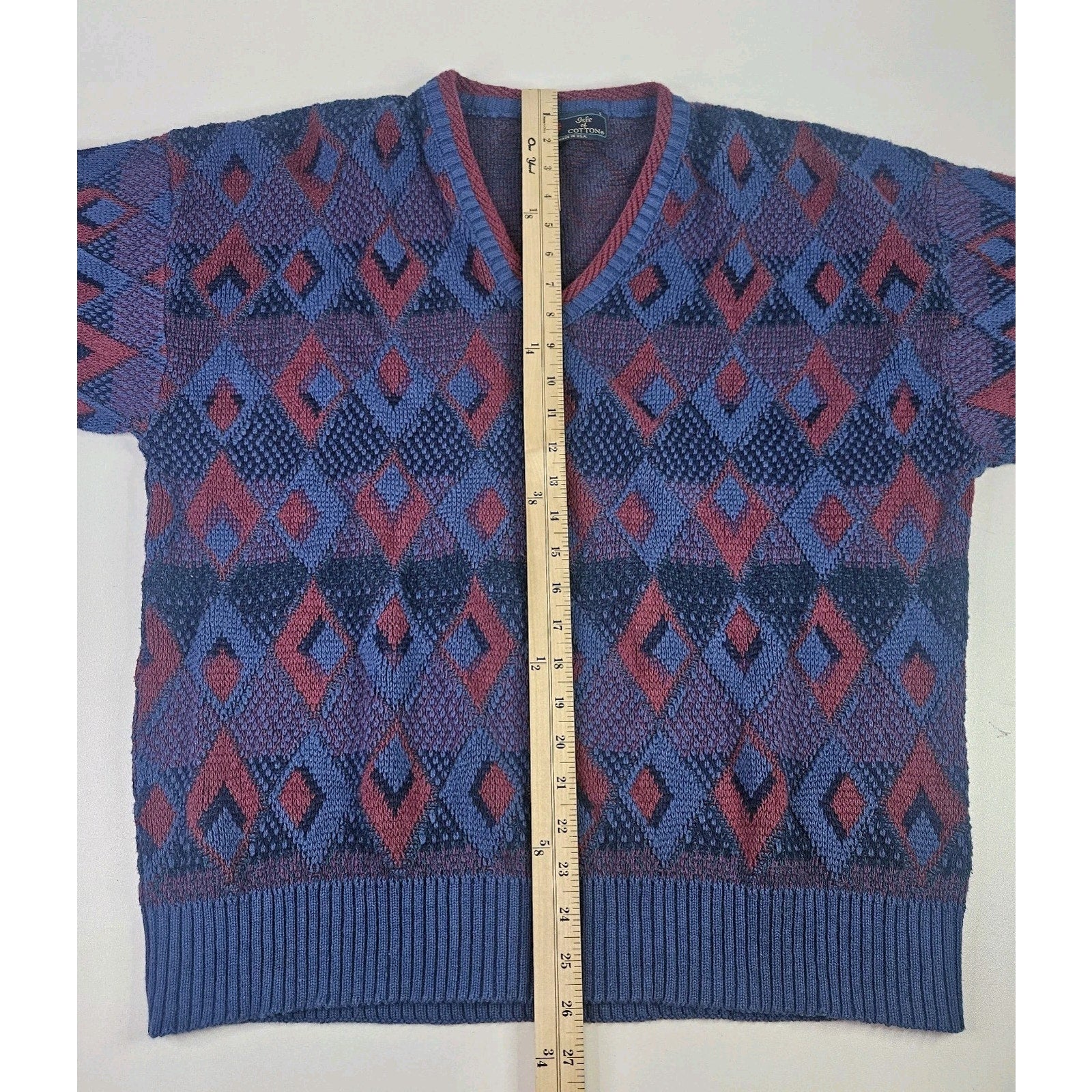 Vintage 3D Knit Geometric V Neck Sweater Size Large 90s Boxy Isle Of Cotton USA
