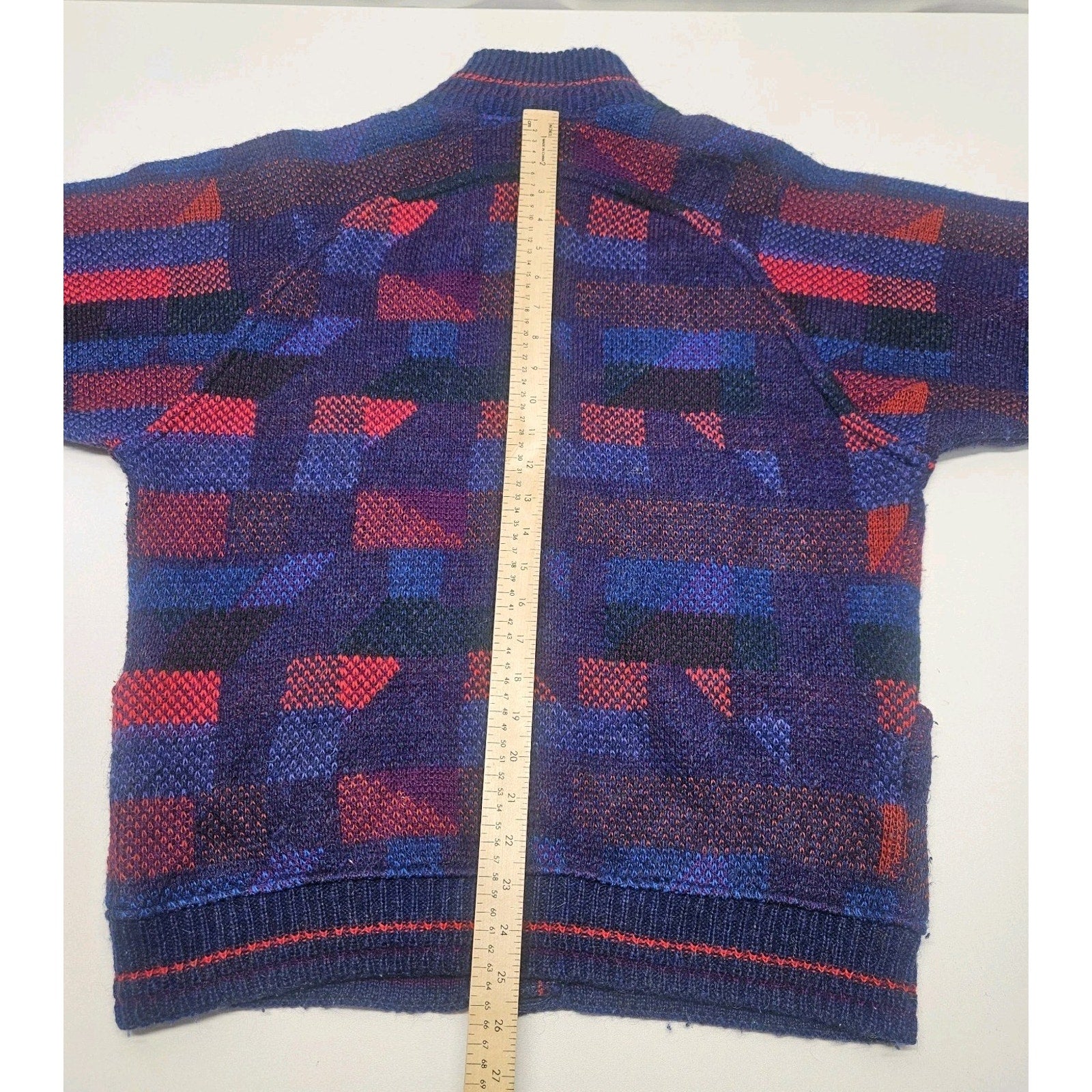 Vtg 80s Womens Crowneck Long Cardigan Sweater Geometric Knit Wool Mohair XL