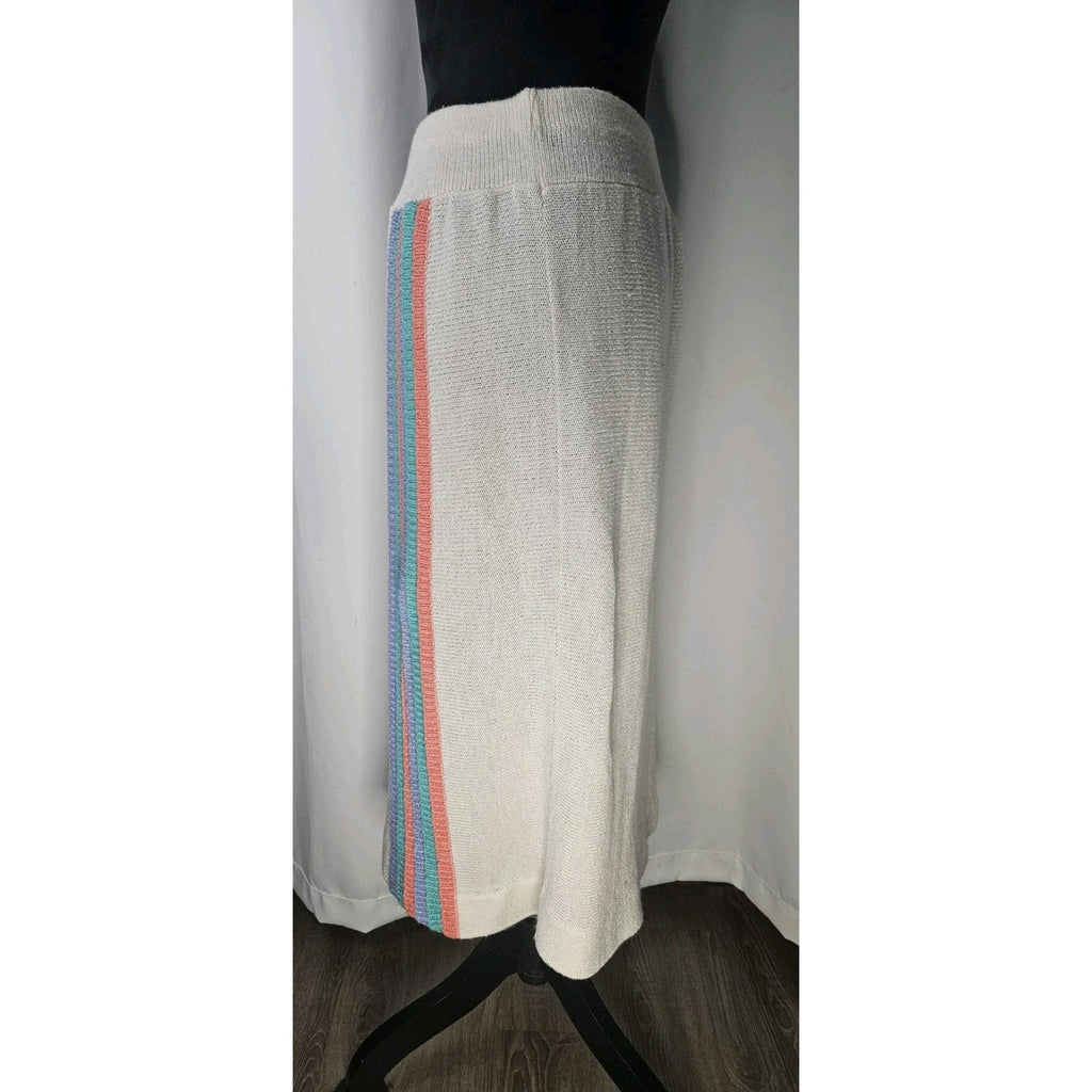 Vintage 80s Sweater Skirt Rainbow Striped Knit Pencil w/ Elastic Small Midi