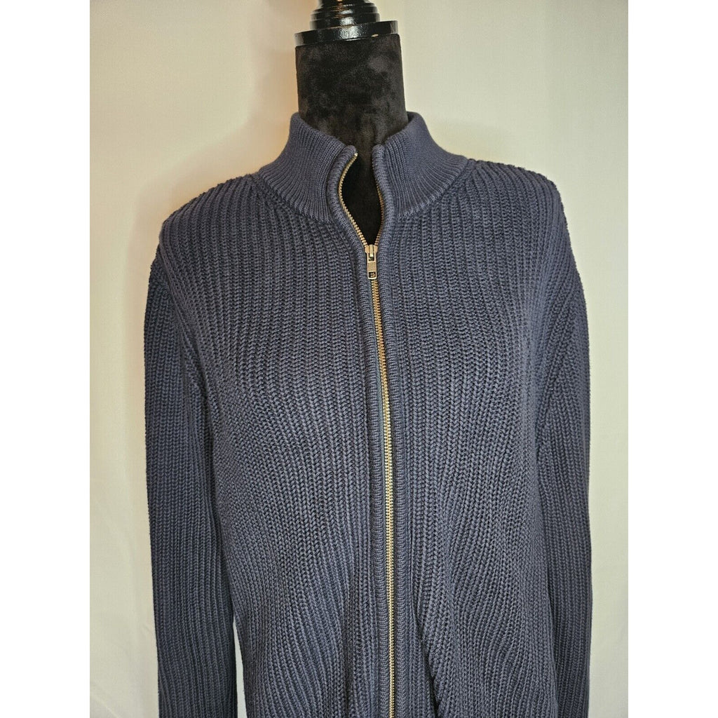 LL Bean Cotton Full Zip Cardigan Men Large Blue Chunky Ribbed Knit Sweater Vtg