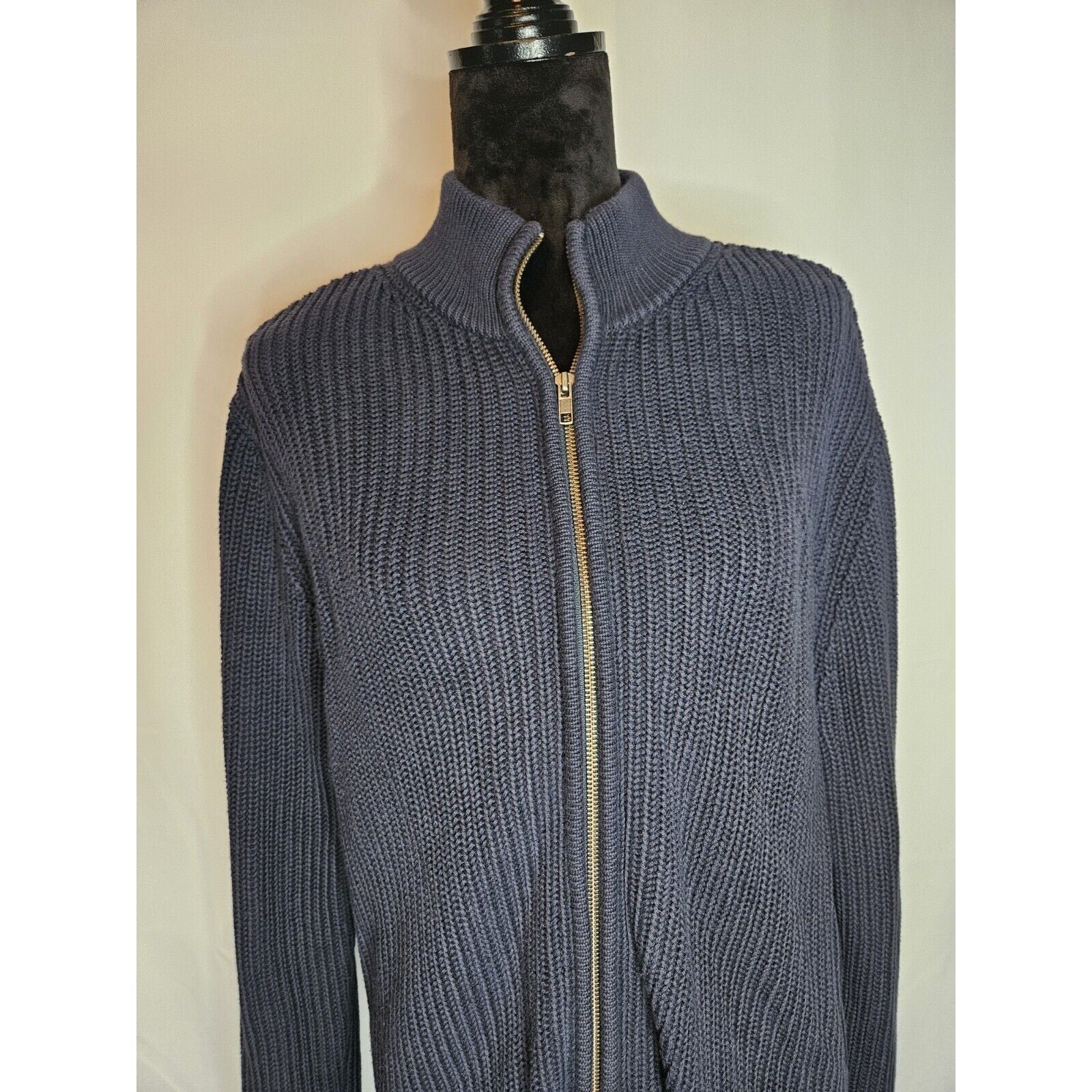 LL Bean Cotton Full Zip Cardigan Men Large Blue Chunky Ribbed Knit Sweater Vtg