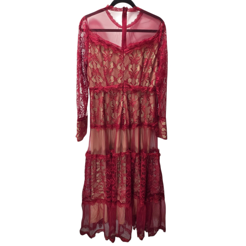 Sheer Mesh Contrast Lace Hollow Embroidered Mesh Waist-Cinched Maxi Large Red Dress