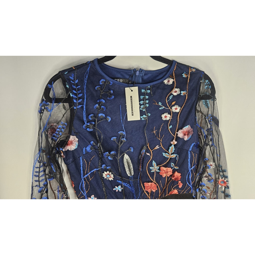 CBR Chic Boutique Rose Blue Solid Under Sheer Embroidered Floral Mini Dress NWT