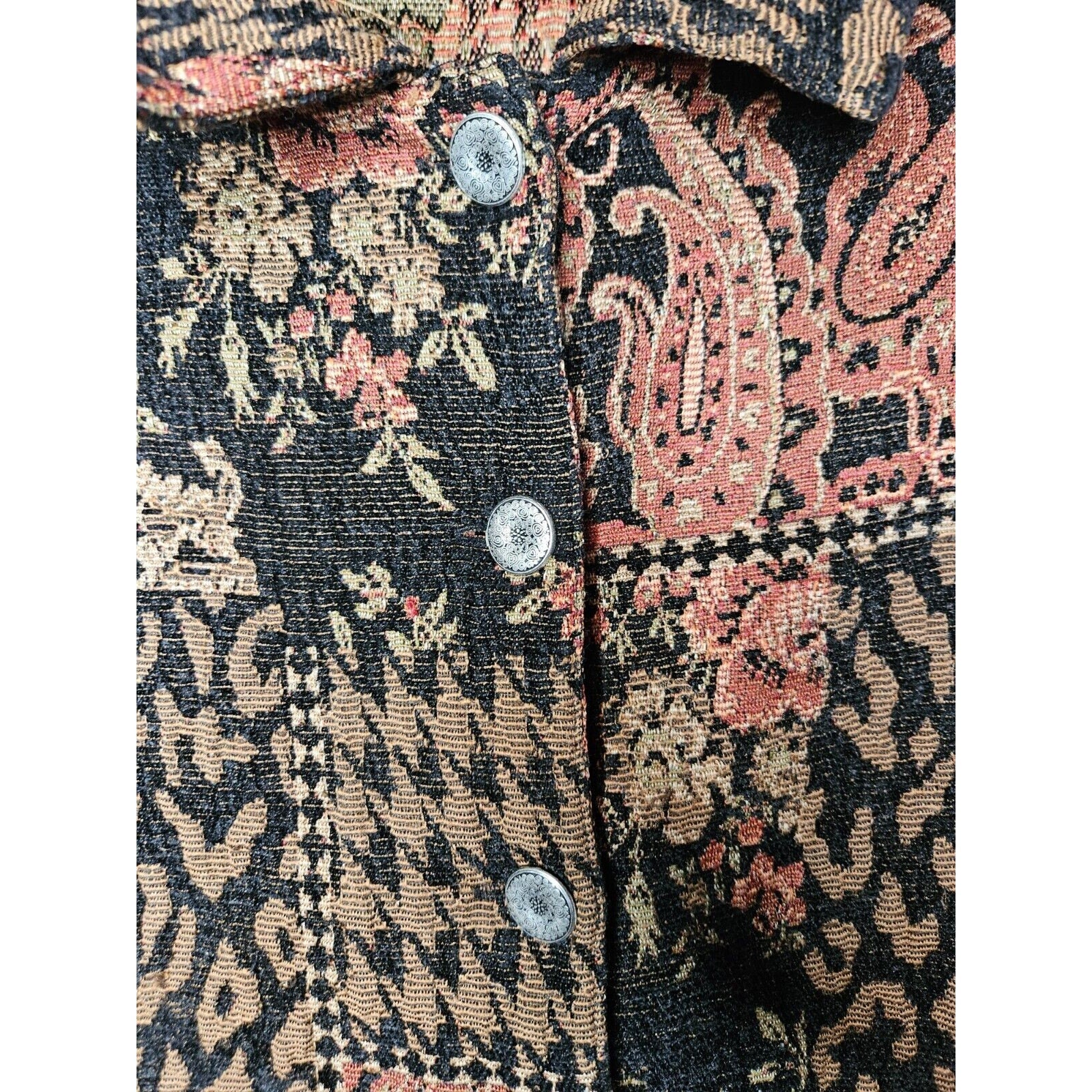 Vintage DAVID PAUL Womens Jacket Black Floral Size Large Patchwork Button Up