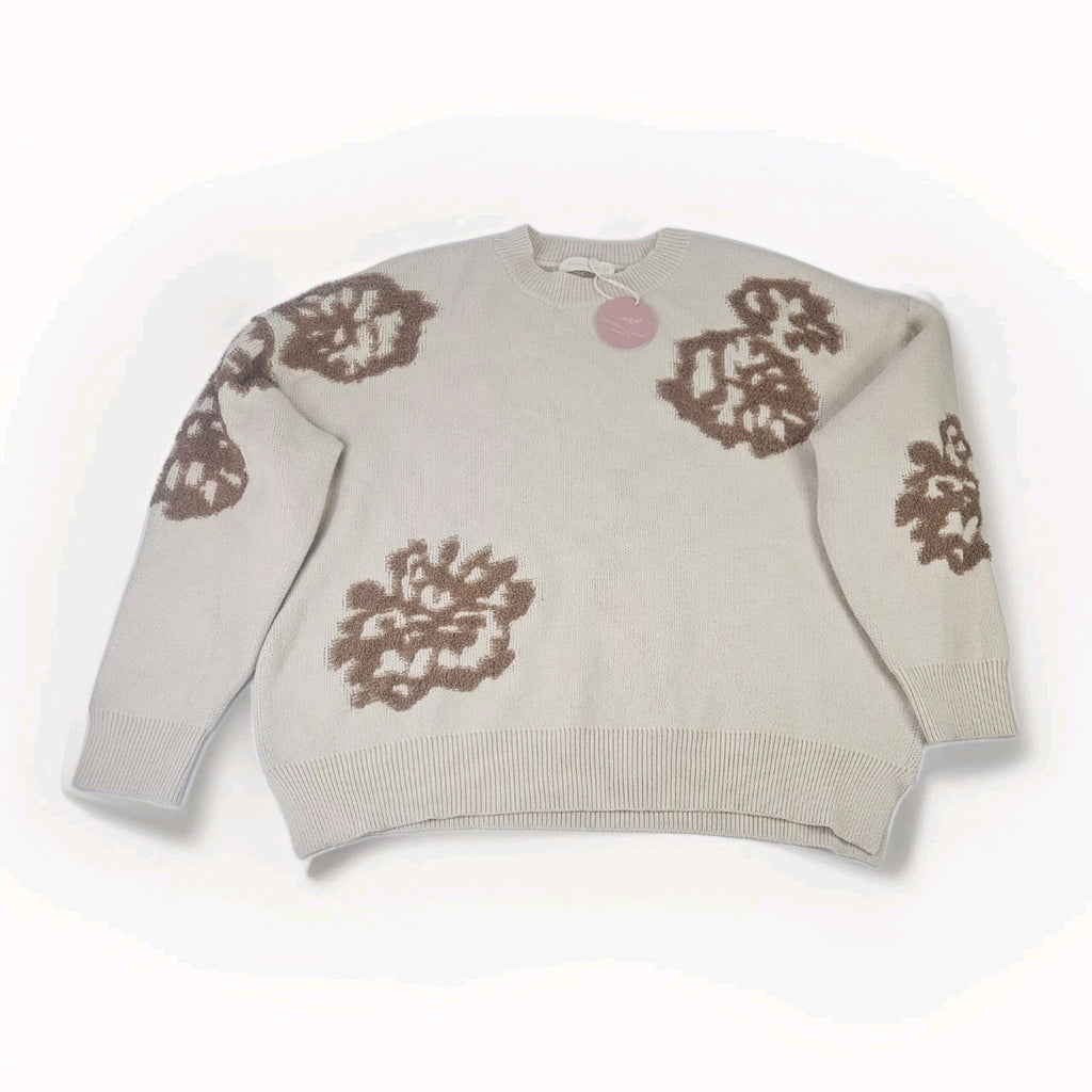 NWT Intarsia Floral Knitted Oversized Sweater Large Cream Brown Flowers