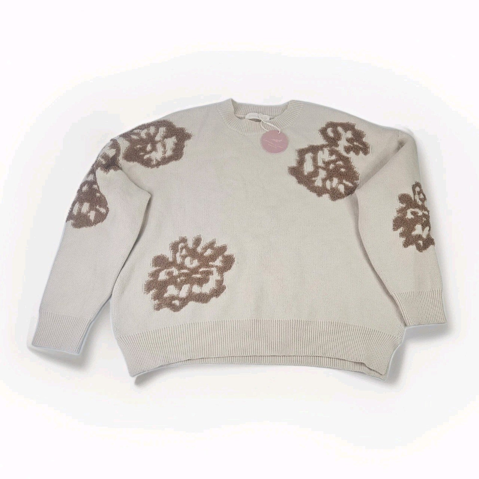 NWT Intarsia Floral Knitted Oversized Sweater Large Cream Brown Flowers