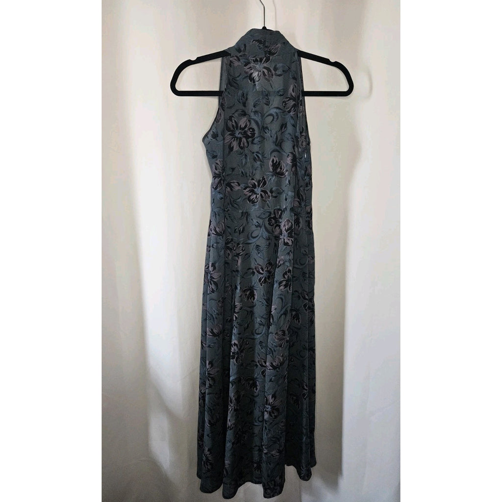 Vintage High Neck Sleeveless Dress Sheer Floral Maxi Blue Empire Waist XS 0/2