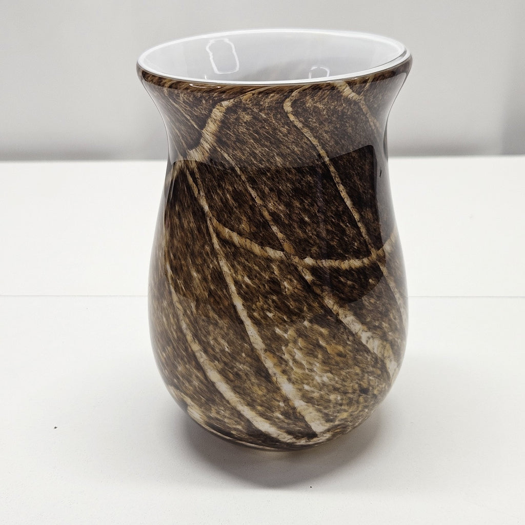 Vtg MURANO STYLE GLASS 6.5" VASE Speckled Gold & Brown White Stripes Earthy