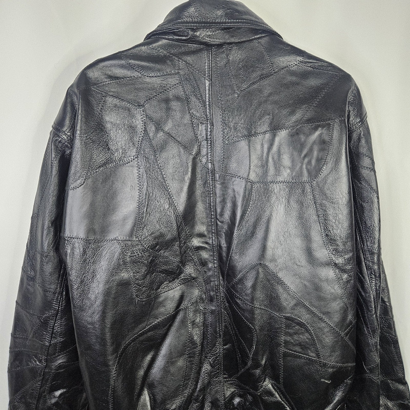 Vtg 90s Cellini Black Leather Bomber Jacket Stitch Mosaic Moto Jacket Coat- Med