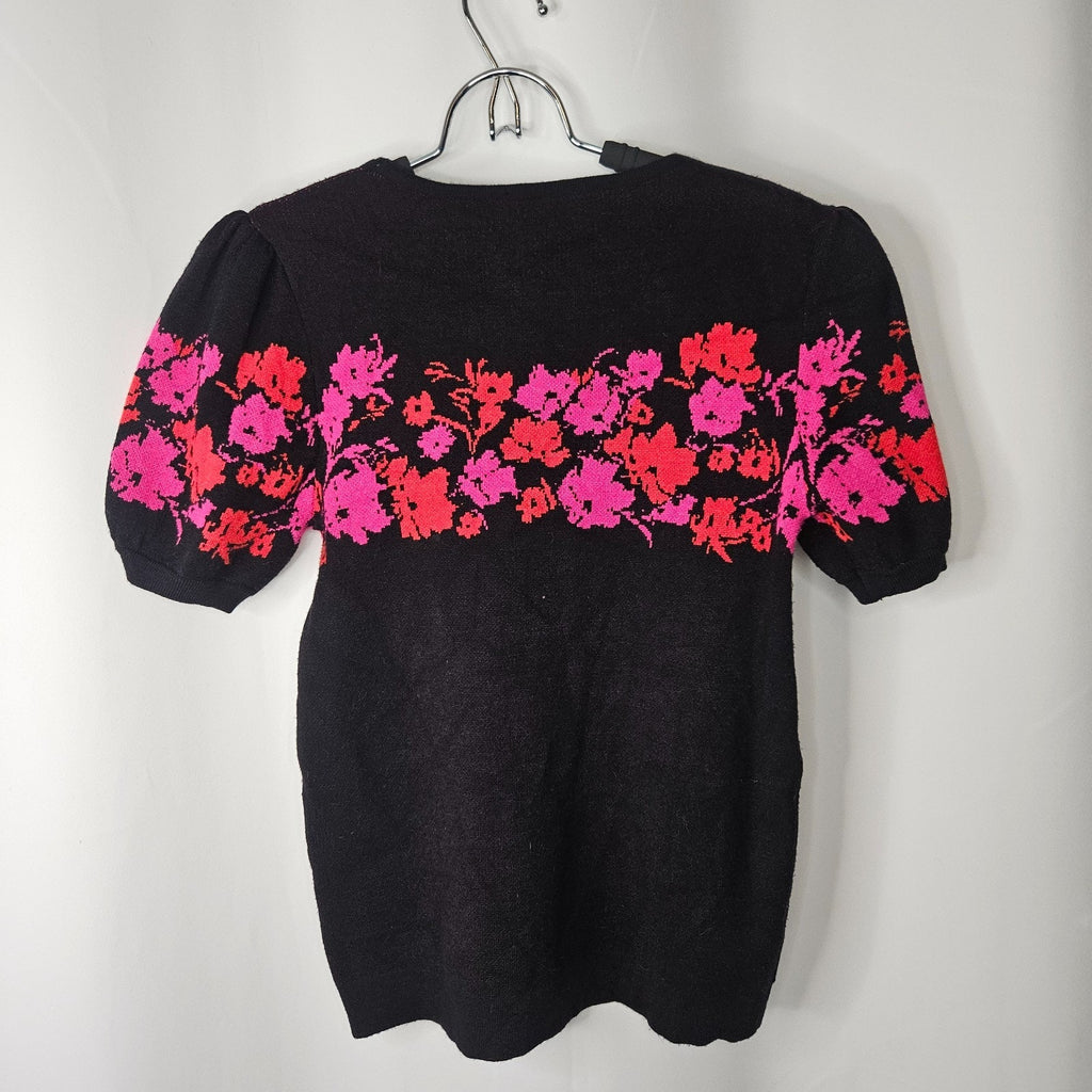 Tahari Women’s Knit Short Puff Sleeve Sweater Pink Floral Black Size XS