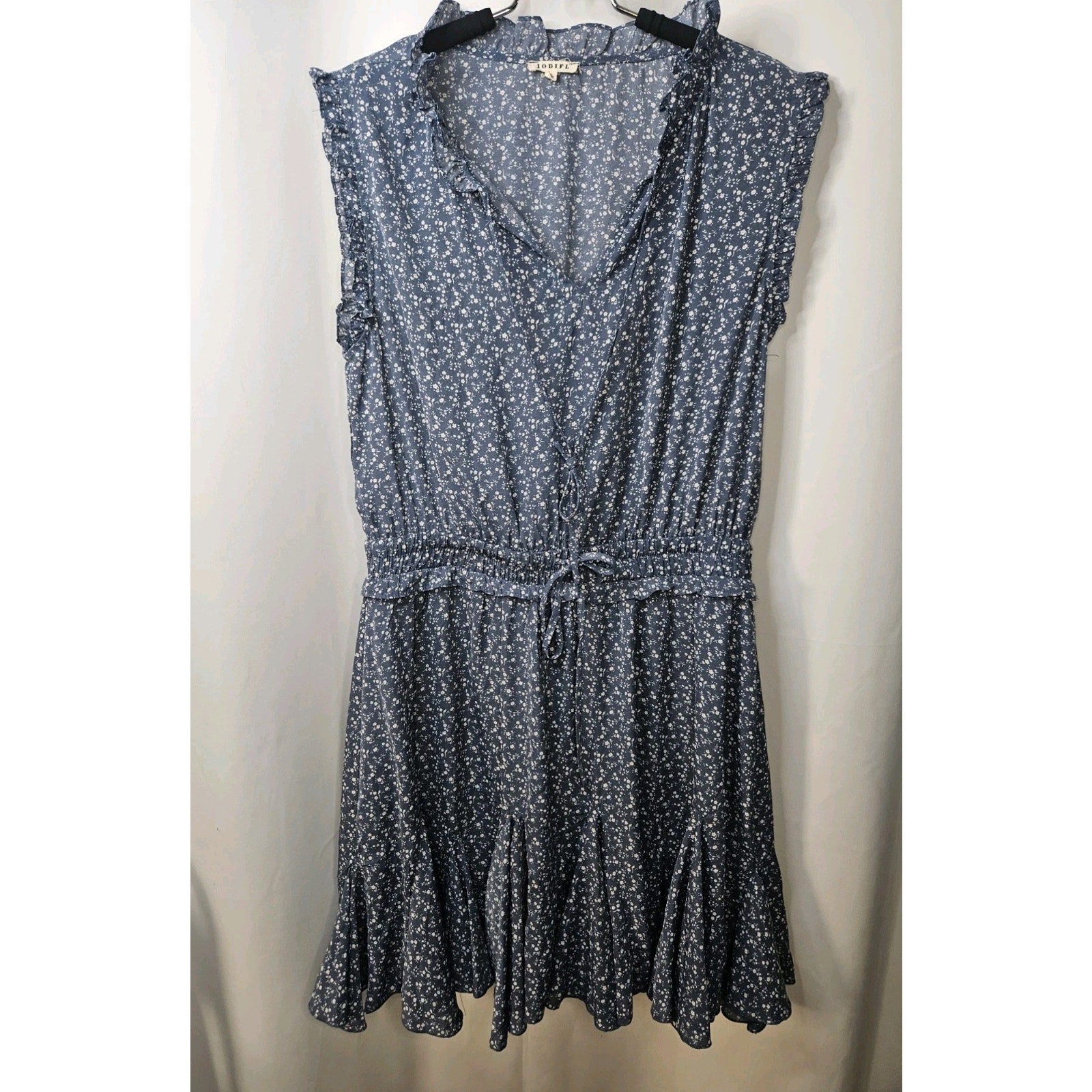 Jodifl Dress Navy L Ruffle Floral V-Neck Mini Lined Cottagecore Flutter Sleeve
