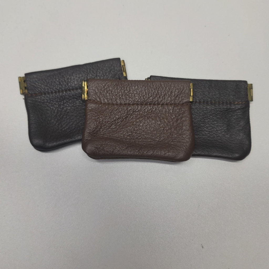 Vintage Black Leather Squeeze Coin Purse Change Pouch Key Holder Spring Frame