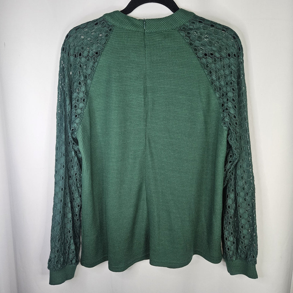 IWOLLENCE Women's Waffle Knit Blouse Lace Sleeves Henley Loose Fitting XL Green