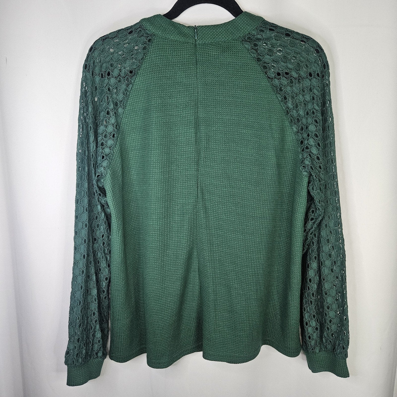 IWOLLENCE Women's Waffle Knit Blouse Lace Sleeves Henley Loose Fitting XL Green