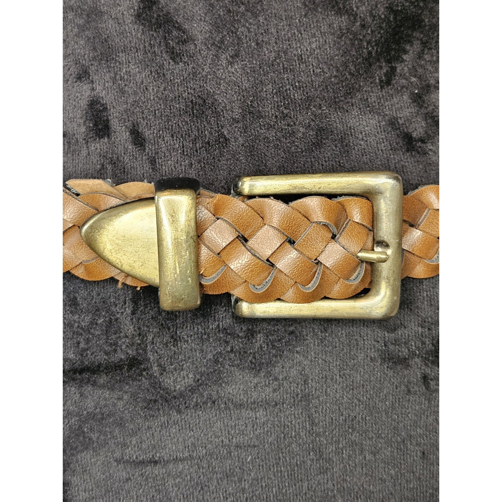 Women's Belt Brown XS VTG Braided Woven Faux Leather Metal Tip Casual Ladies 30"