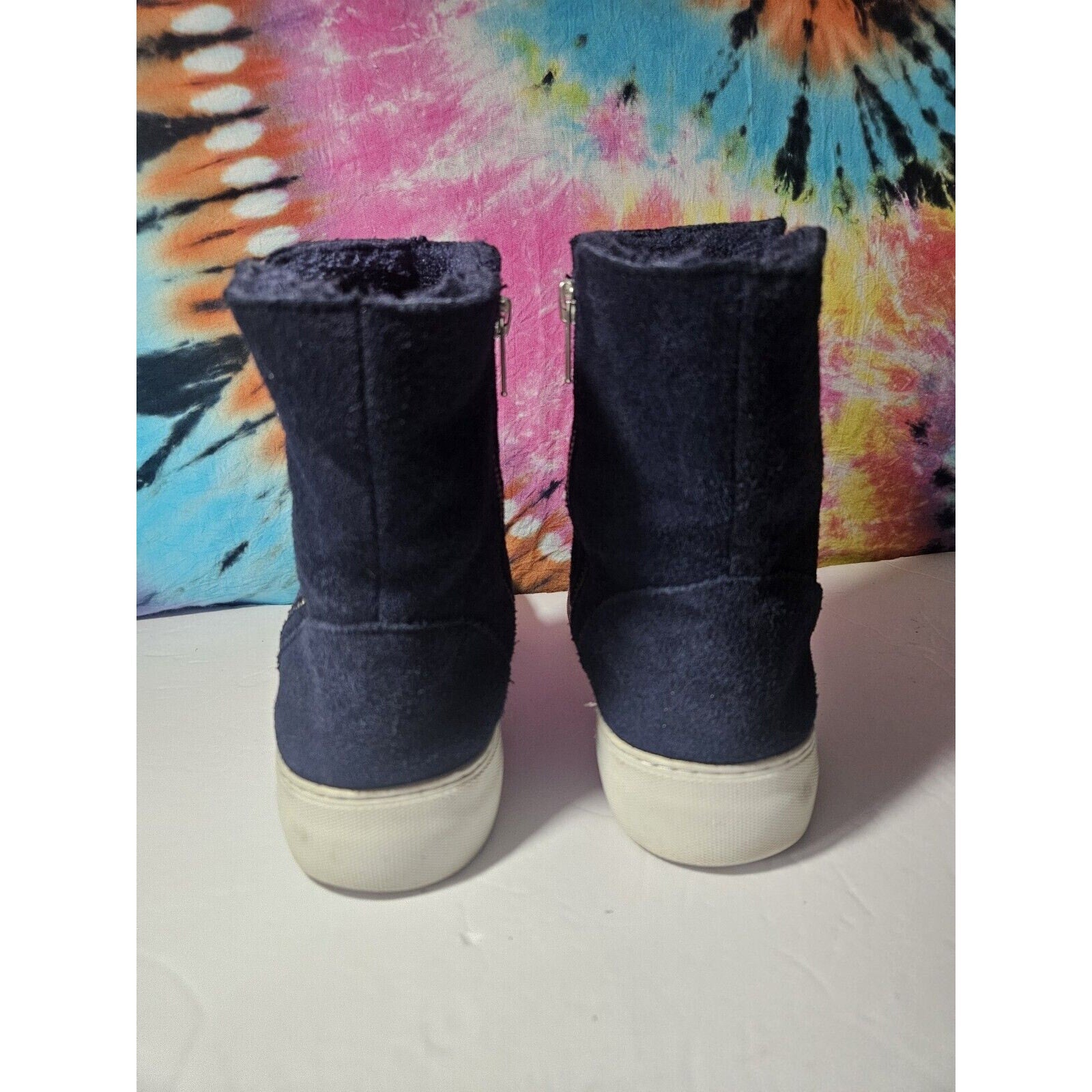 J/Slides NYC Navy Blue Suede Leather Platform Boots Size 7 Zipper Boot Shoes